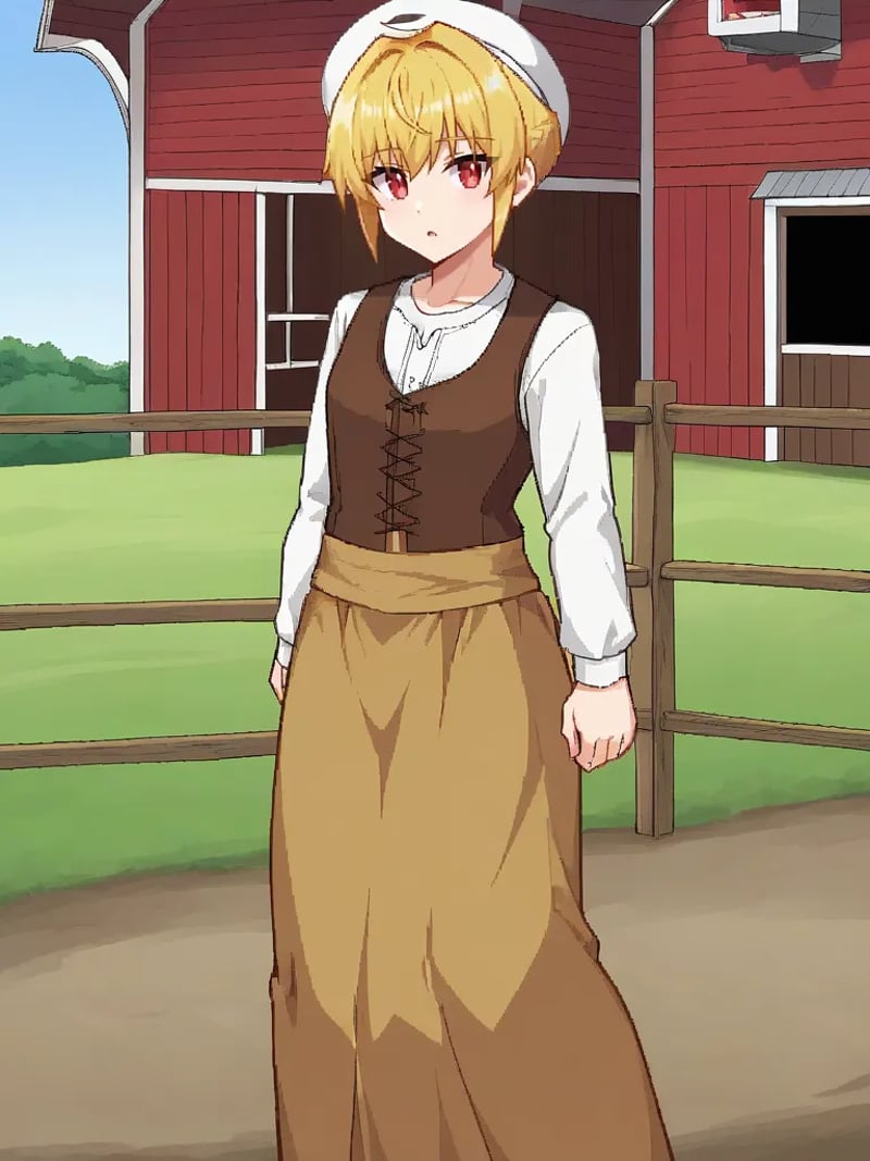 <lora:viopriserenapony:1>,1girl, solo, serenavp, blonde hair, short hair, bangs, white headwear, red eyes, white shirt, long sleeves, brown vest, corset, brown skirt, yellow skirt, long skirt, outdoors, farm, parted lips, standing, 