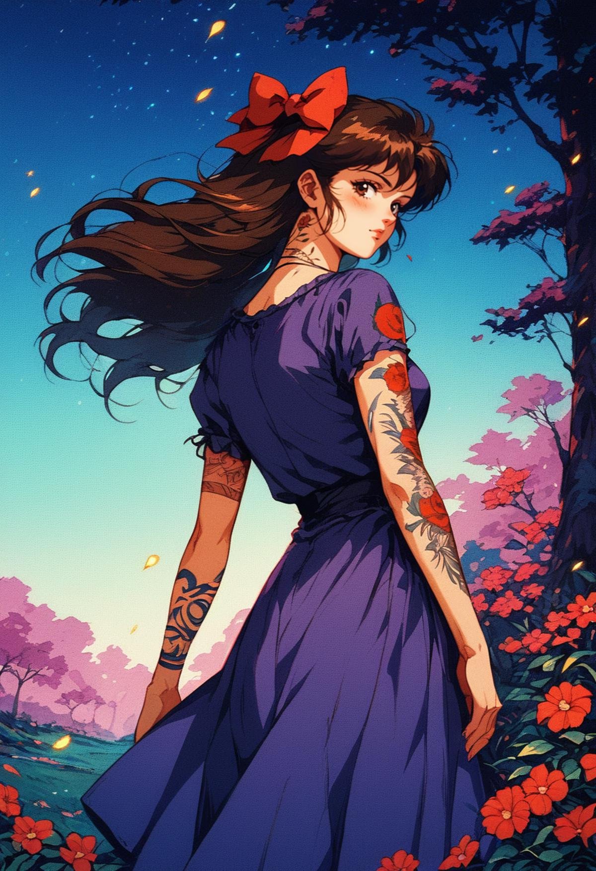 (score_9, score_8_up), score_7_up, 1girl, long hair, looking at viewer, bangs, long hair, brown hair, floating hair, hair bow, ribbon, brown eyes, standing, purple  dress, flower, flowy dress, short sleeve, hair bow, cowboy shot, outdoors, sky, looking back, from behind, red bow, tree, tattoo, night, night time, embers, light partials, animal, grass, plant, red flower, nature, forest, dog,  arm tattoo, retro <lora:nostalgia-000011:0.9>