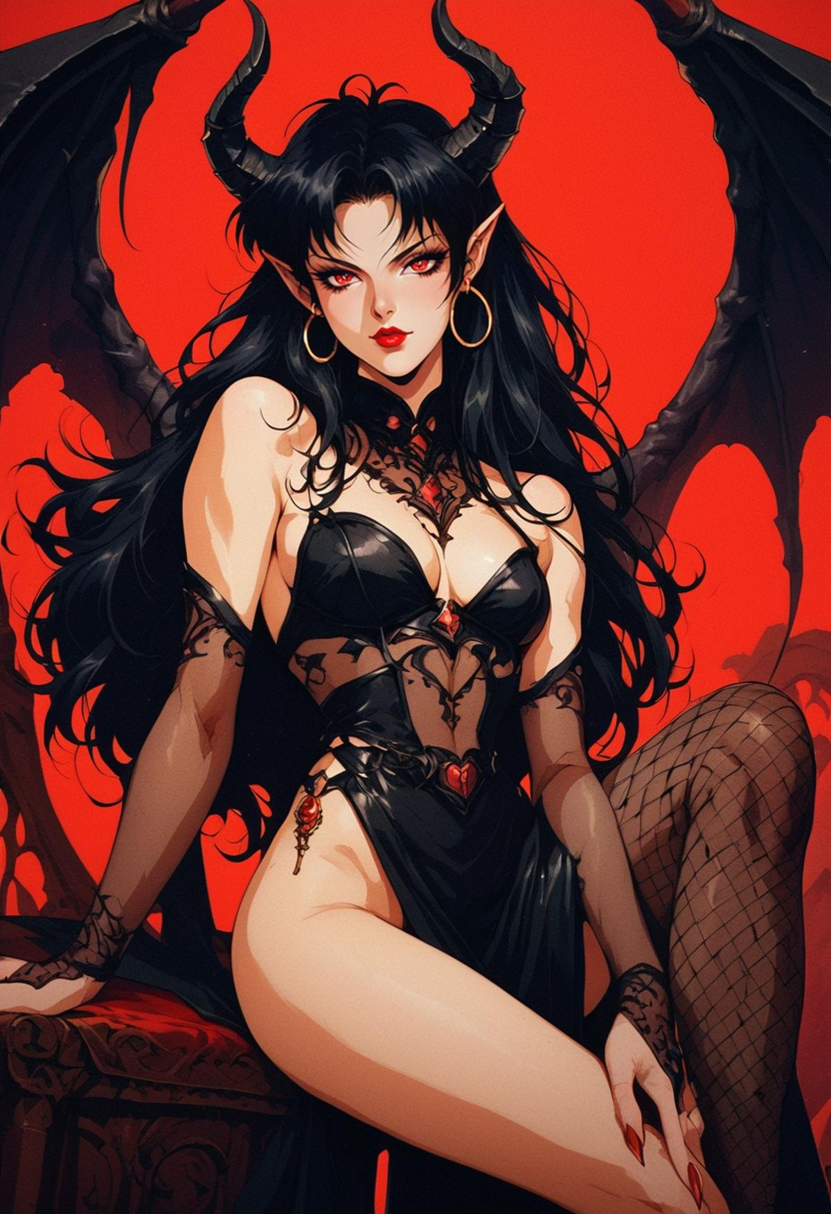 (score_9, score_8_up), score_7_up, 1girl, long hair, looking at viewer, black hair, red eyes, jewelry, sitting, earrings, wings, horns, pointy ears, nail polish, lips, fingernails, makeup, demon girl, demon horns, red nails, red background, scifi fantasy, long fingernails, black wings, demon wings, hoop earrings, sharp fingernails, red lips, retro<lora:nostalgia-000011:0.9> 