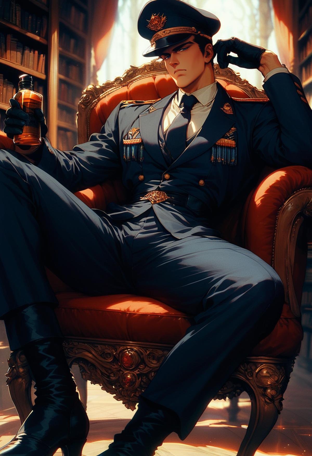 (score_9, score_8_up), score_7_up, 1man, manly, serious face, stern,  narrow pupils, short hair, black hair, black military uniform and cap, black gloves, black long boots, black slacks, formal military uniform, lounging, luxurious chair, library, whiskey, legs spread out, half closed eyes, retro <lora:nostalgia-000011:0.9>