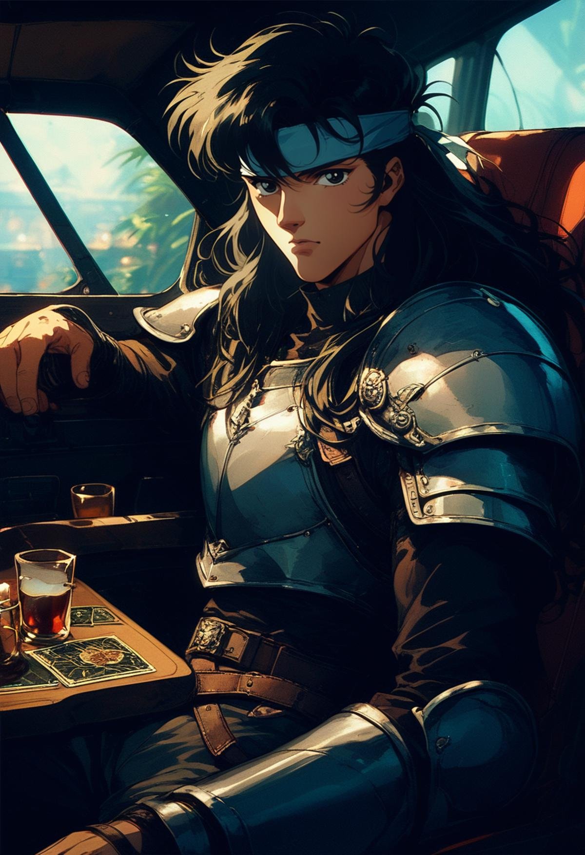 (score_9, score_8_up), score_7_up, long hair, looking at viewer, black hair, 1boy, holding, sitting, male focus, belt, armor, black eyes, cup, headband, card, glass, cockpit, retro<lora:nostalgia-000011:0.9>   