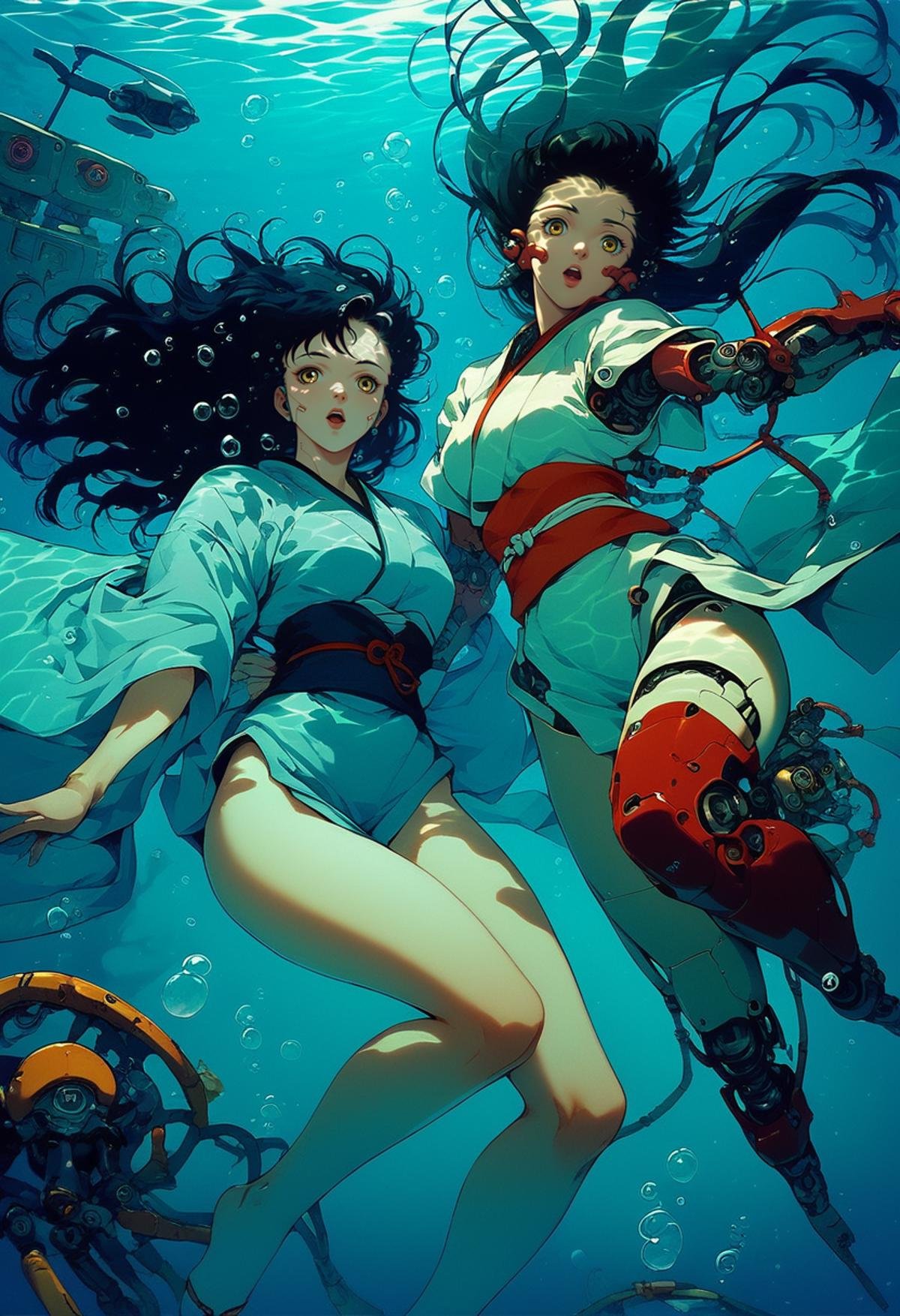 (score_9, score_8_up), score_7_up, 2girls, long hair, looking at viewer, open mouth, black hair, yellow eyes, japanese clothes, kimono, sash, obi, robot, science fiction, bubble, underwater, android, joints, cable, air bubble, robot joints, submerged, mechanical parts, screw, retro <lora:nostalgia-000011:0.9>