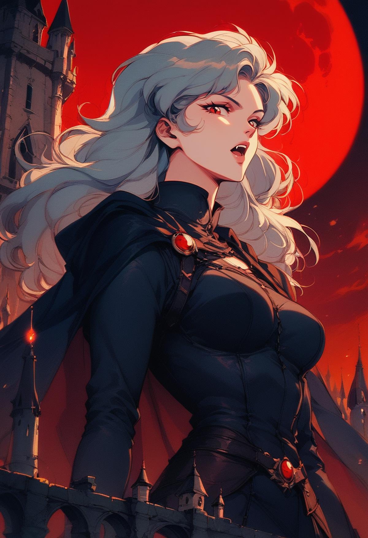 (score_9, score_8_up), score_7_up, long hair, looking at viewer, open mouth, red eyes, long sleeves, grey hair, outdoors, parted lips, sky, fang, cape, animal, moon, building, bat (animal), vampire, castle, tower, red moon, red sky, retro<lora:nostalgia-000011:0.8>   