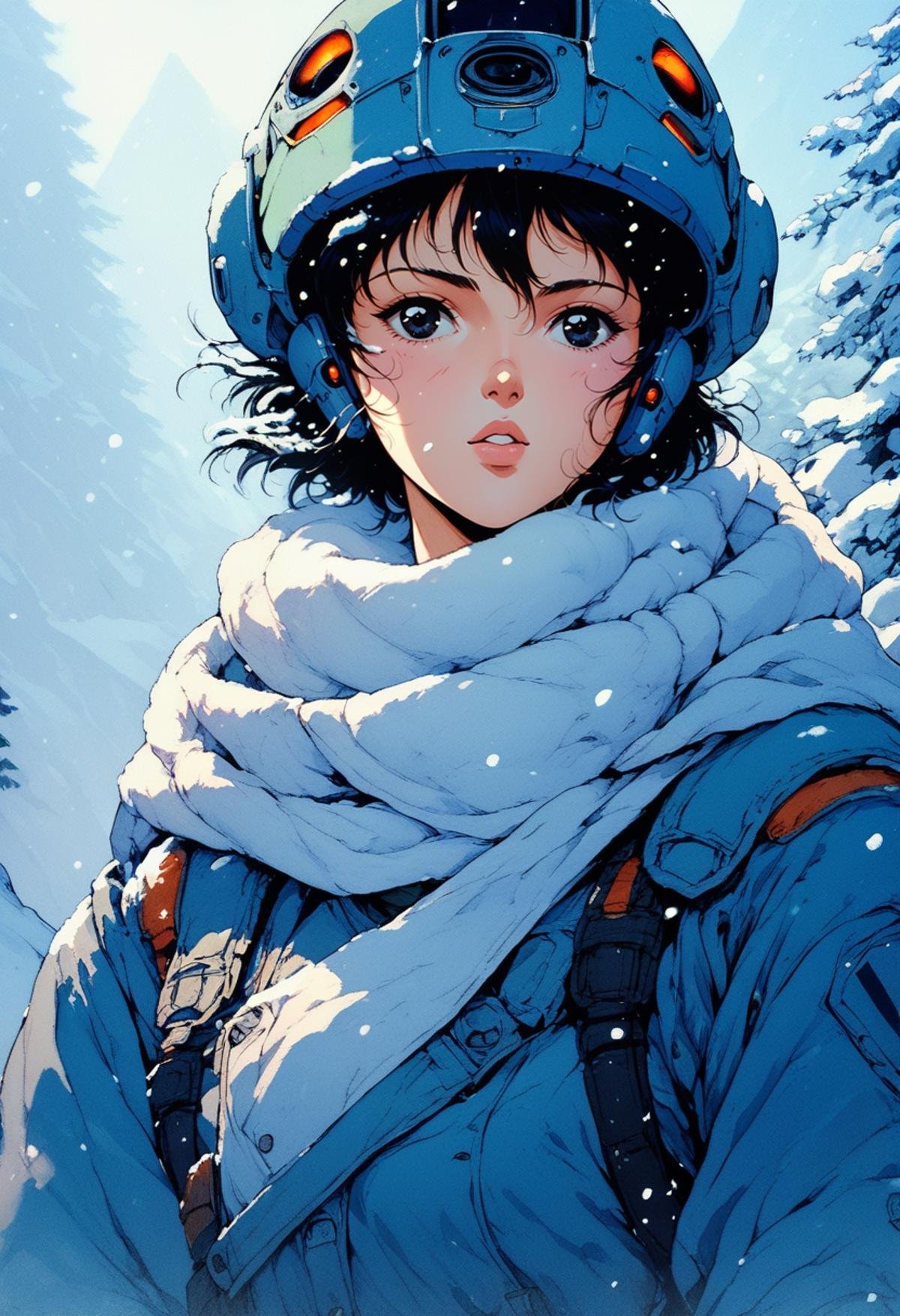 (score_9, score_8_up), score_7_up, 1girl, short hair, black hair, upper body, parted lips, scarf, black eyes, helmet, snow, science fiction, monster, retro<lora:nostalgia-000011:0.9>  