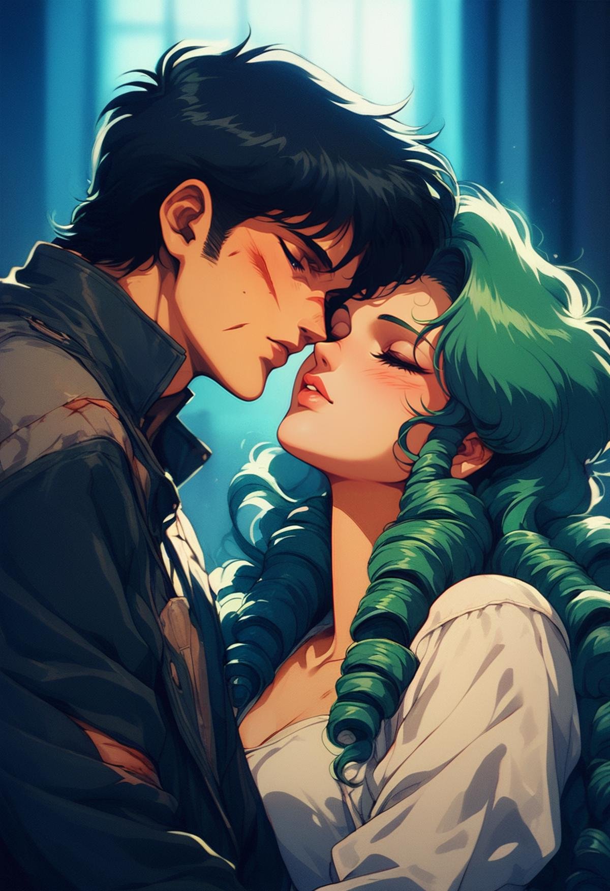 (score_9, score_8_up), score_7_up, 1girl, long hair, short hair, blue eyes, black hair, 1boy, closed eyes, hetero, green hair, lips, makeup, drill hair, couple, curly hair, injury, retro artstyle, retro<lora:nostalgia-000011:0.8>   