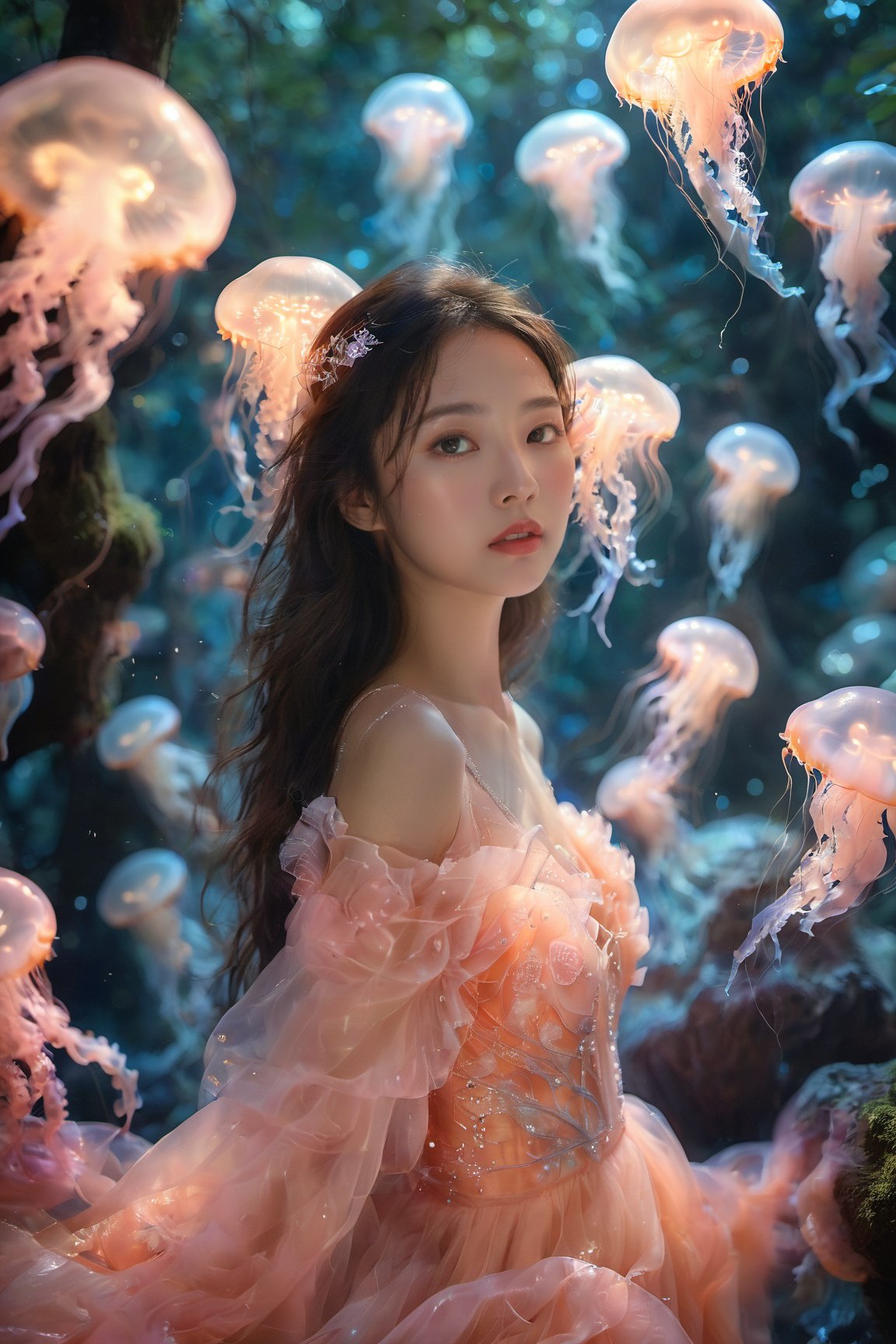 An Asian young woman with long flowing hair, adorned in a delicate sunset orange gown, surrounded by a mesmerizing autumn forest environment. She stands amidst a dance of luminescent jellyfish, which glow in hues of pink and blue. The backdrop is filled with falling leaves, punctuated by the soft glow of bioluminescent fungi and the gentle rustle of leaves. The woman's gaze is distant, as if lost in thought, while the jellyfish float gracefully around her, creating an ethereal and dreamlike atmosphere.