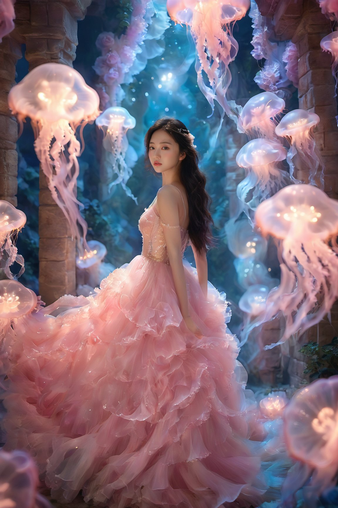 An Asian young woman with long flowing hair, adorned in a delicate rose pink gown, surrounded by a mesmerizing fairy tale castle environment. She stands amidst a dance of luminescent jellyfish, which glow in hues of pink and blue. The backdrop is a majestic castle, punctuated by the soft glow of bioluminescent chandeliers and the gentle flicker of candlelight. The woman's gaze is distant, as if lost in thought, while the jellyfish float gracefully around her, creating an ethereal and dreamlike atmosphere.