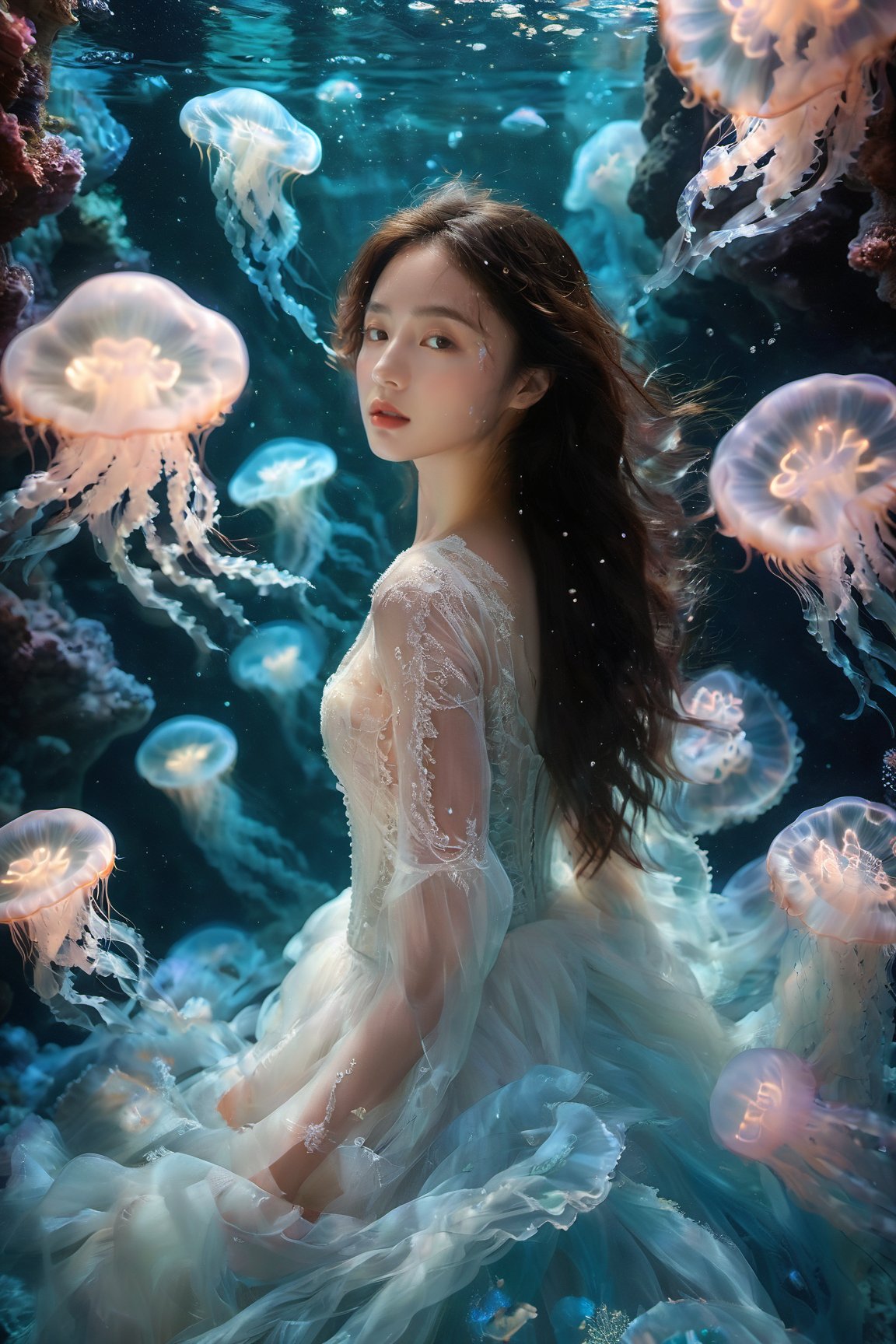 A young woman with long flowing hair, surrounded by an ethereal underwater environment filled with luminescent jellyfish. She wears a delicate white dress adorned with intricate lace patterns. The water is a mesmerizing shade of blue, and the jellyfish appear to be floating gracefully around her, creating a dreamy ambiance.,xxmixgirl