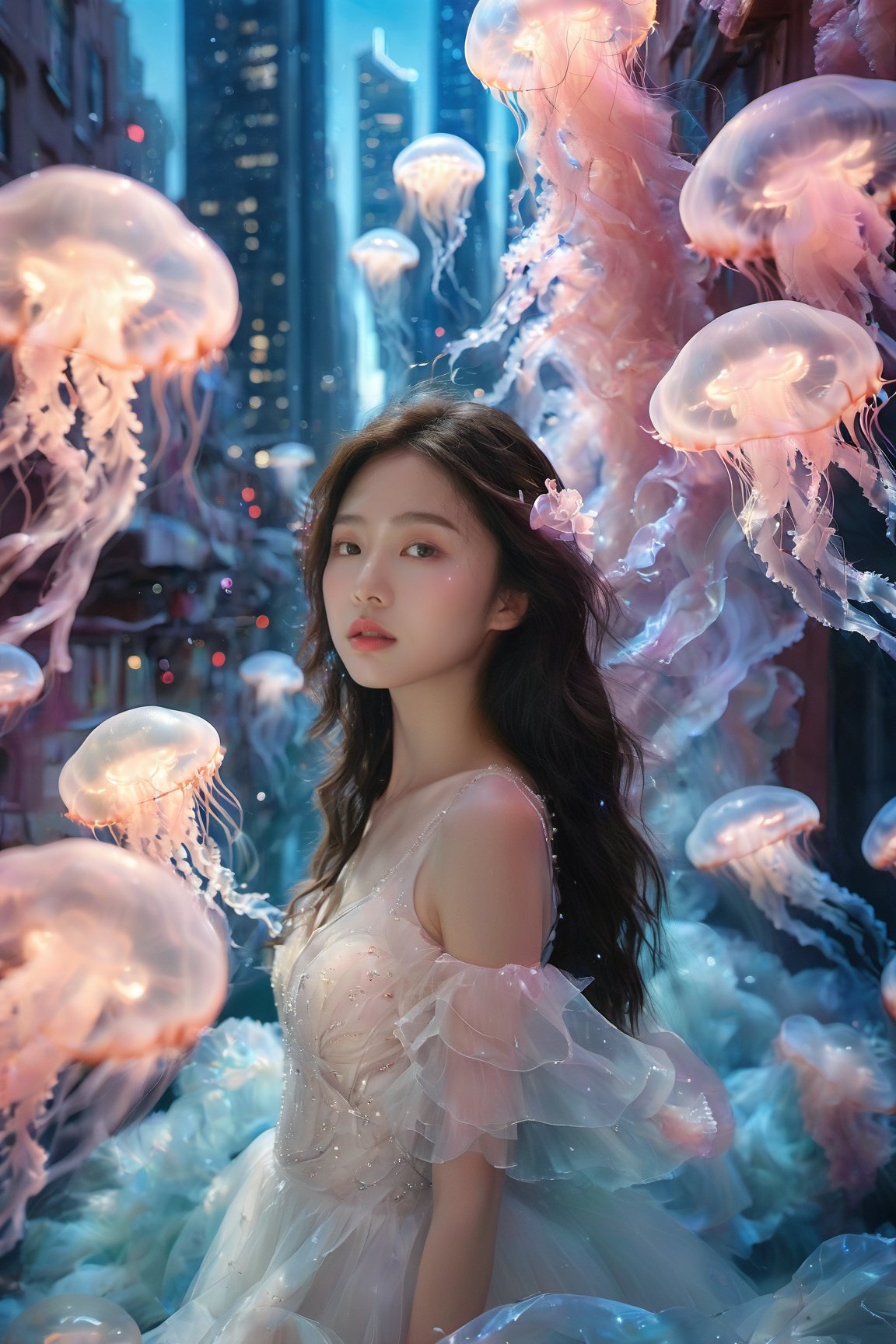 An Asian young woman with long flowing hair, adorned in a delicate pearl white gown, surrounded by a mesmerizing futuristic city environment. She stands amidst a dance of luminescent jellyfish, which glow in hues of pink and blue. The backdrop is a skyline of towering buildings, punctuated by the soft glow of bioluminescent lights and the gentle hum of technology. The woman's gaze is distant, as if lost in thought, while the jellyfish float gracefully around her, creating an ethereal and dreamlike atmosphere.