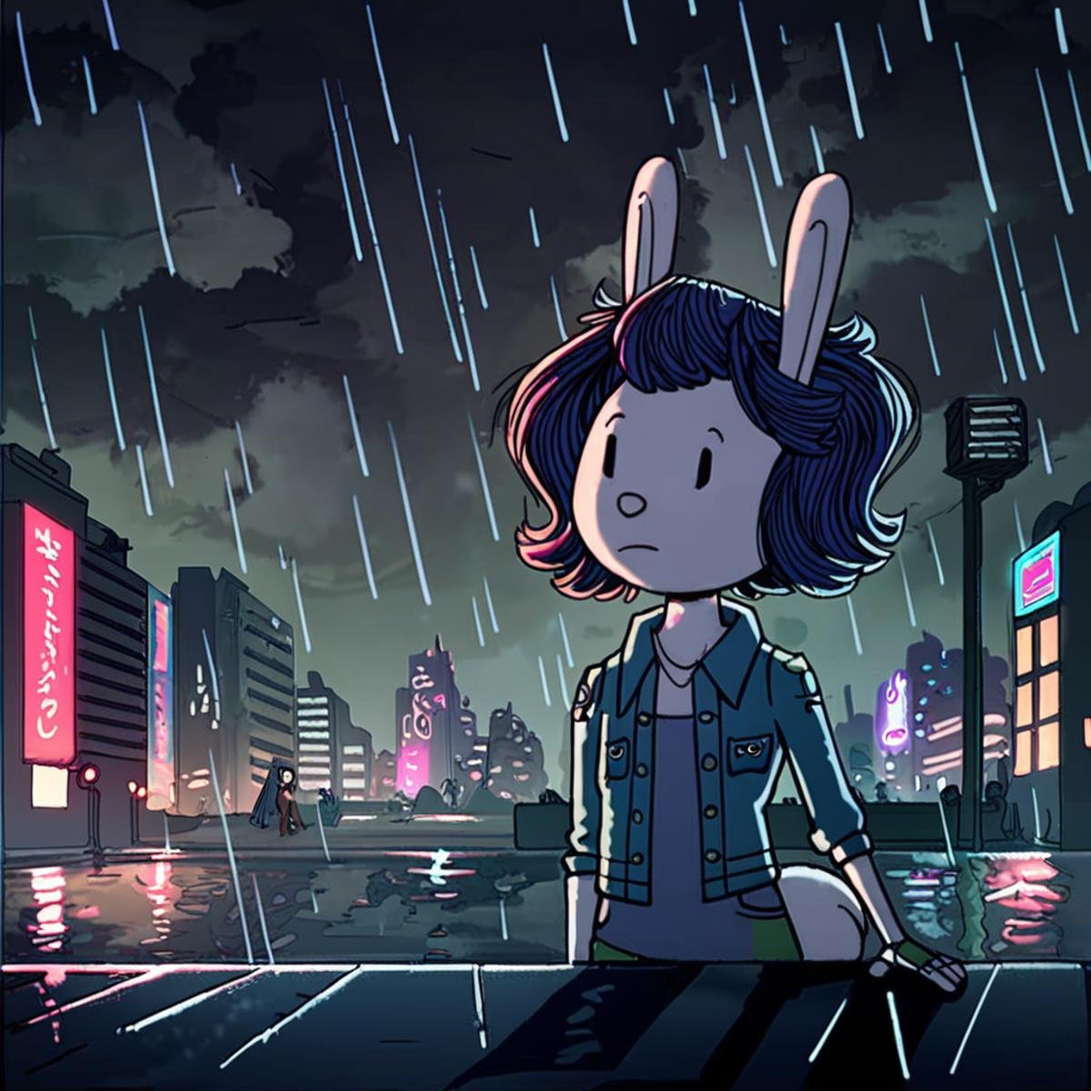 score_9, score_8_up, score_7_up, _r4b_, cyberpunk, city street, rain, reflections, night, outdoors, skyscrapers, sky, clouds, denim jacket <lora:_r4b_:1>