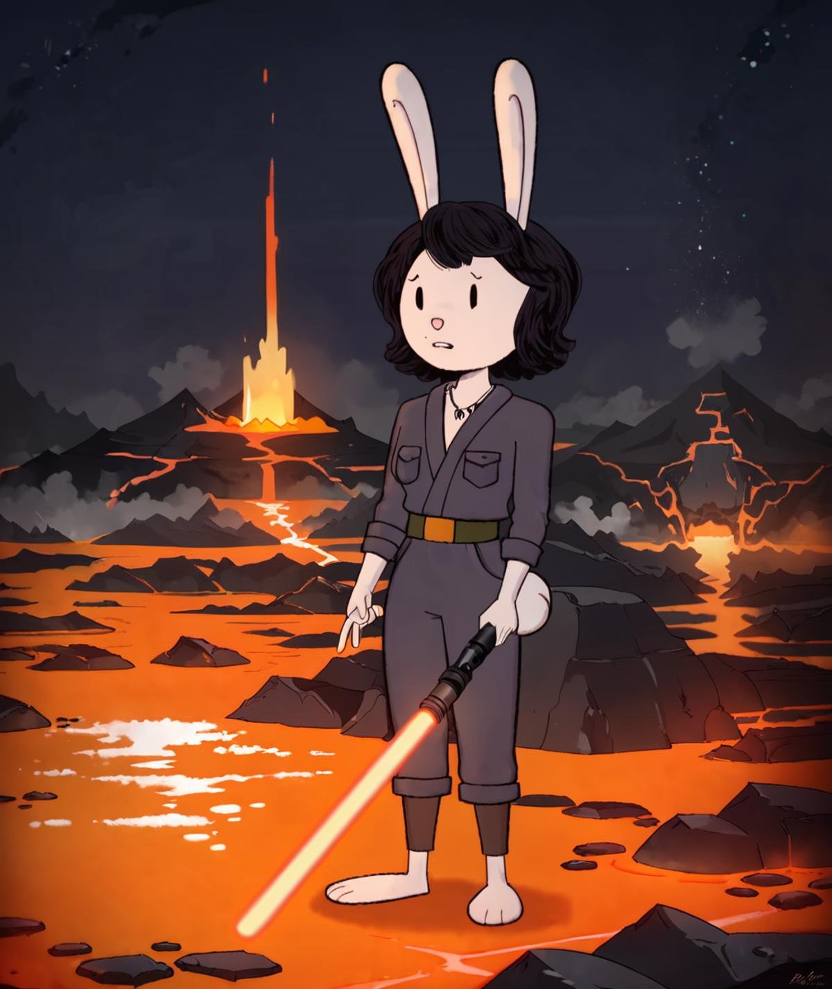 score_9, score_8_up, score_7_up, _r4b_, 1girl, solo, jedi robes, holding lightsaber, outdoors, lava fields, night, dramatic, star wars, volcano, (bunny tail:0.6) <lora:_r4b_:1>