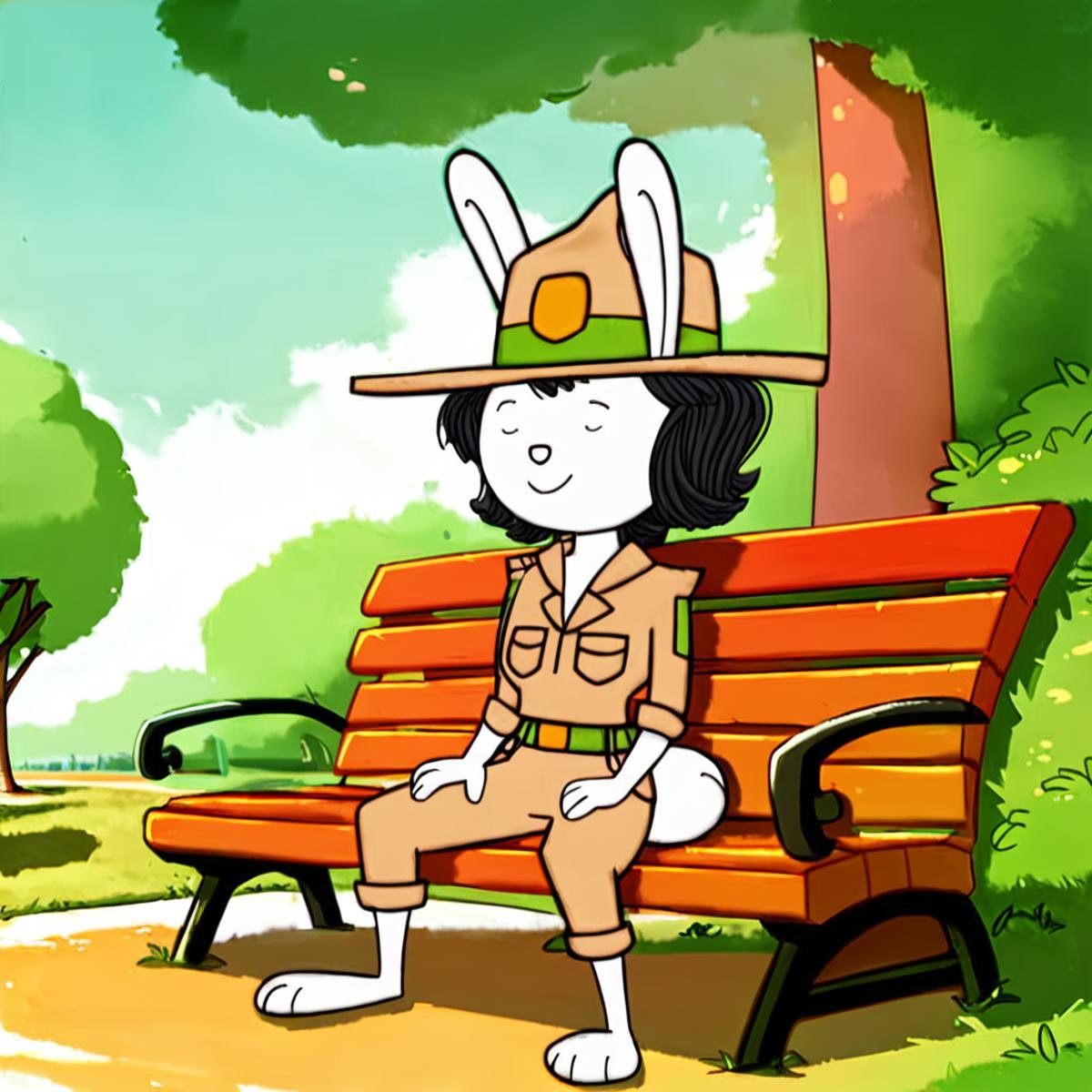 score_9, score_8_up, score_7_up, _r4b_, ranger uniform, seated, spread legs, eyes closed, resting arm on chairback, outdoors, day, bench, park, trail, sky, trees <lora:_r4b_:1>