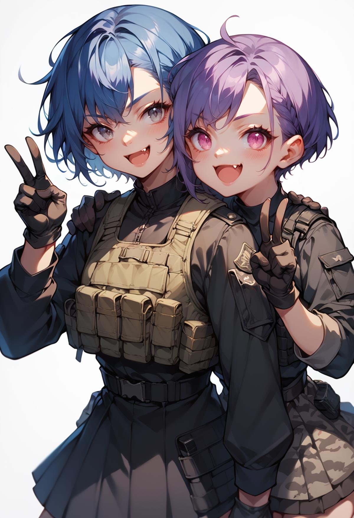 (score_9, score_8_up), score_7_up, 2girls, hand on shoulder, grinning, smiling, blue hair, purple hair, grey eyes, pink eyes, white background, skirt, black uniform, military, black military uniform, black bulletproof vest, (all black attire:1), mouth open, fang, cute, clenched hand, gloves, v sign, dark camouflage, simple background, black shirt <lora:warcore-000011:0.9>