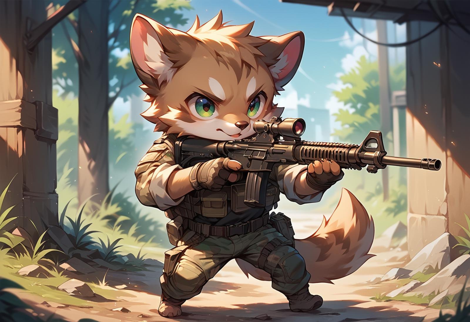 (score_9, score_8_up), score_7_up, gloves, 1boy, chibi, cute, holding, animal ears, jacket, tail, weapon, male focus, pants, holding weapon, uniform, gun, military, military uniform, holding gun, rifle, furry, furry male, camouflage, aiming, brown fur, scope, camouflage jacket, camouflage pants<lora:warcore-000011:0.9>