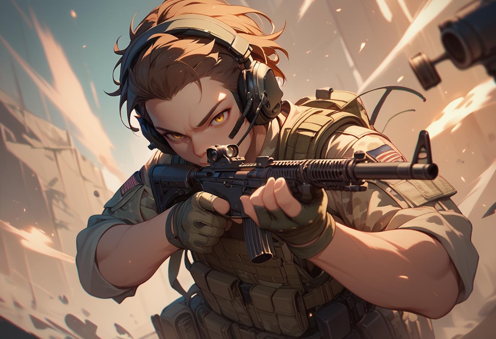 (score_9, score_8_up), score_7_up, zPDXL, 1girl, short hair, brown hair, gloves, 1boy, holding, yellow eyes, weapon, male focus, holding weapon, uniform, gun, military, military uniform, headphones, holding gun, rifle, headset, assault rifle, camouflage, firing, aiming, scope, load bearing vest<lora:warcore-000011:0.9>