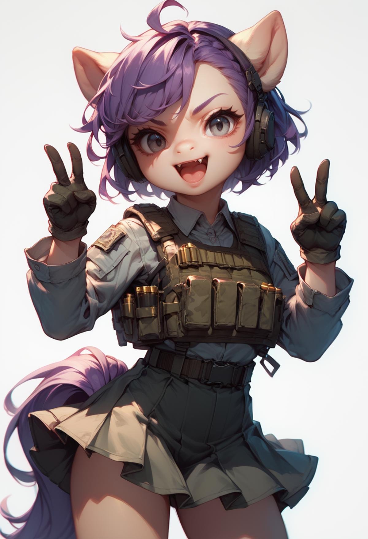 (score_9, score_8_up), score_7_up, zPDXL, simple background, shirt, 1girl, purple hair, grey eyes, white background, skirt,  uniform, military, black military uniform, bullet proof vest, mouth open, fang, cute, clenched hand, gloves, v sign, high pony tail, camouflage<lora:warcore-000011:0.9>