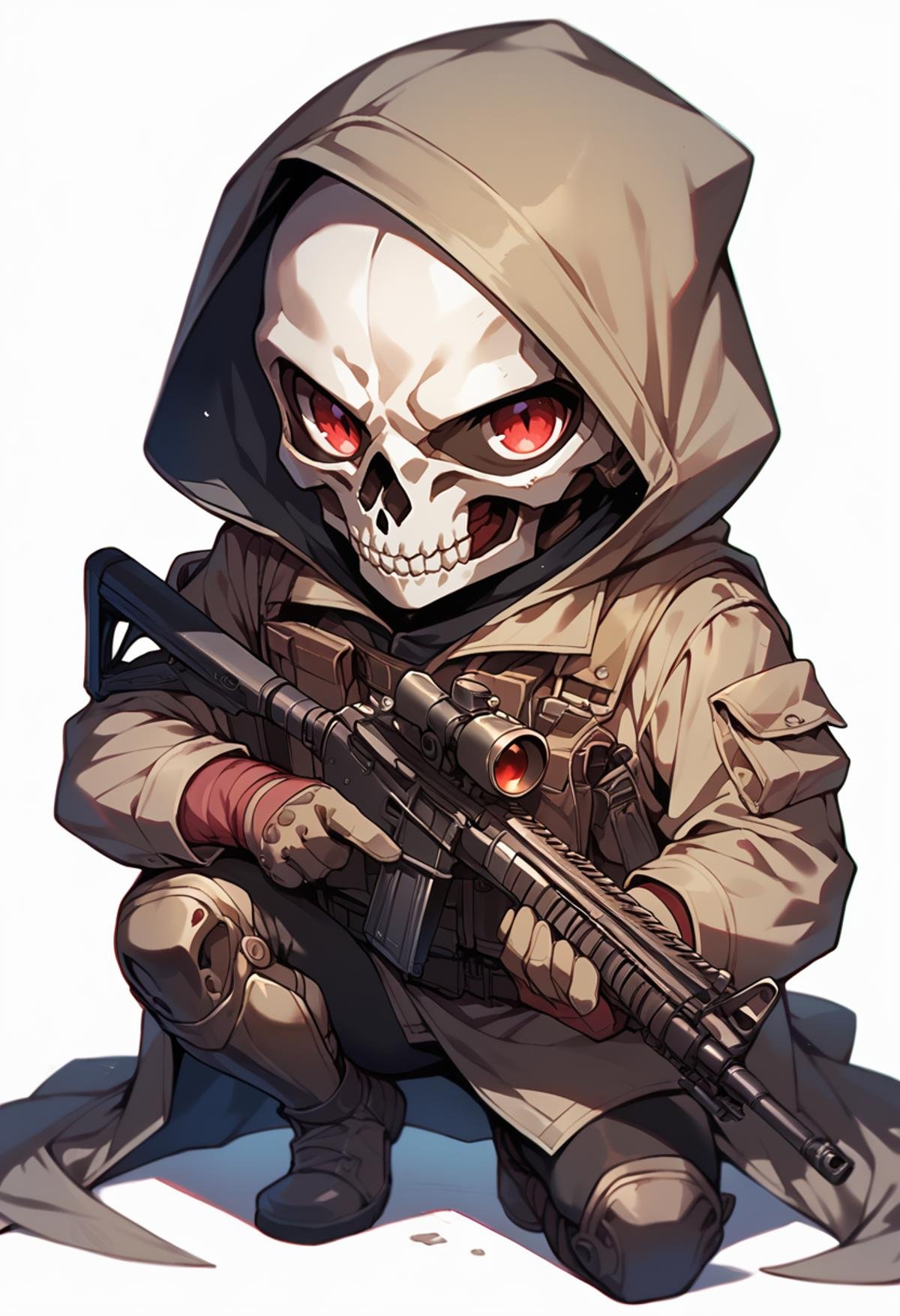 (score_9, score_8_up), score_7_up, chibi, cute, red eyes, simple background, red eyes, gloves, 1boy, white background, holding, weapon, male focus, hood, holding weapon, gun, mask, squatting, holding gun, cloak, rifle, skull, pouch, assault rifle, one knee, skeleton, trench coat, skull mask<lora:warcore-000011:0.9>