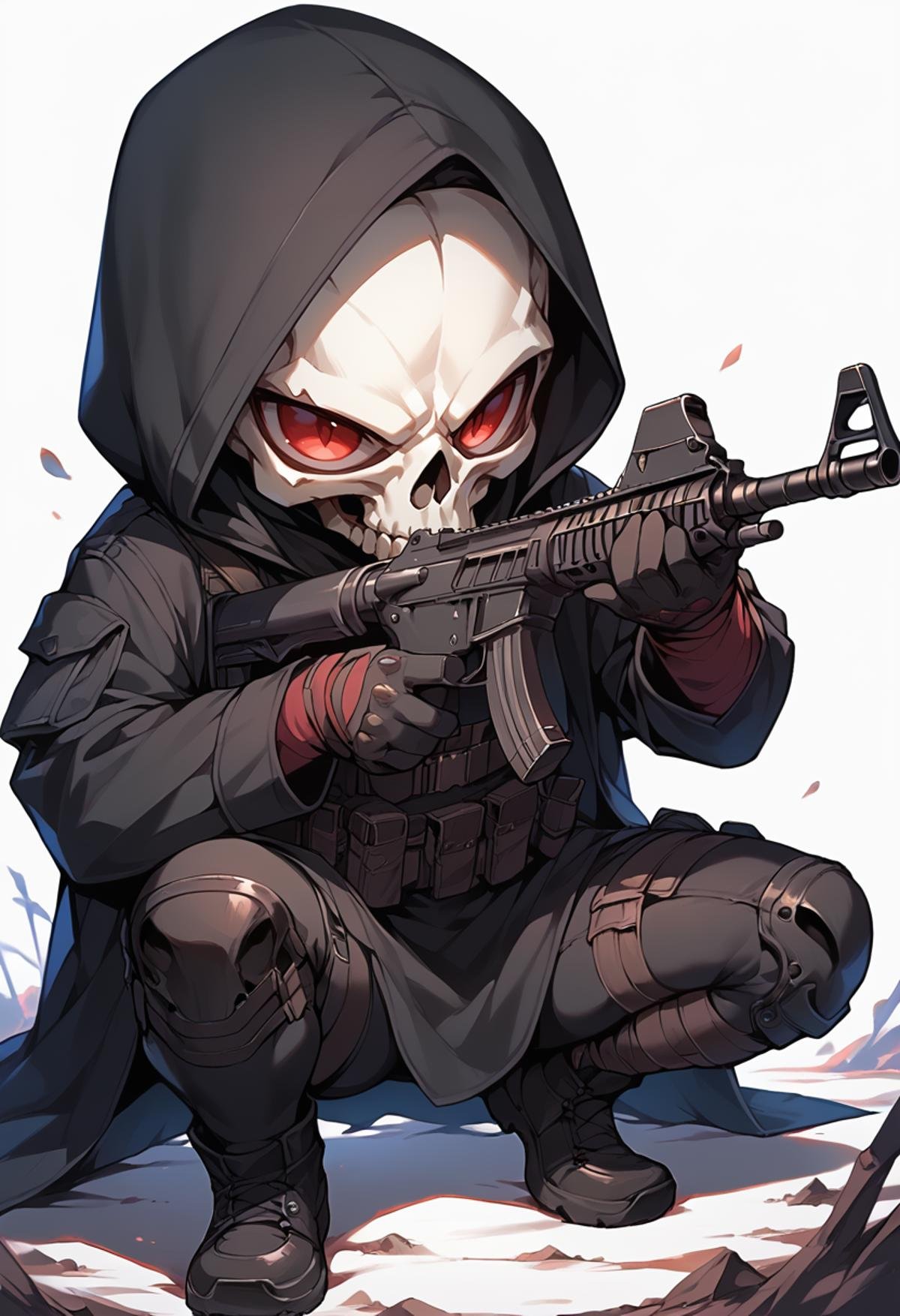 (score_9, score_8_up), score_7_up, chibi, cute, red eyes, simple background, red eyes, black gloves, 1boy, white background, holding, weapon, male focus, black hood, holding weapon, gun, black mask, squatting, holding gun, black cloak, (all black attire:1), rifle, skull, pouch, assault rifle, one knee, skeleton, black trench coat, black skull mask<lora:warcore-000011:0.9>