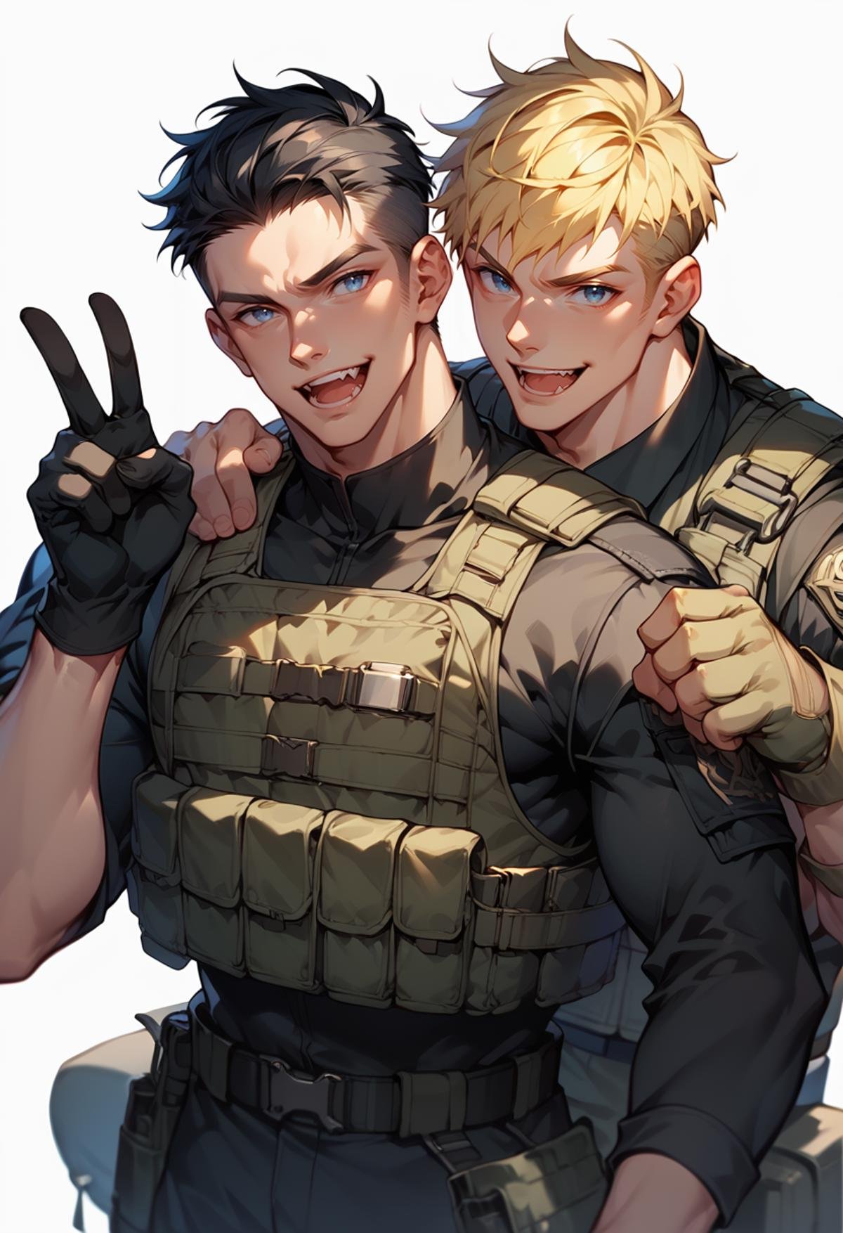 (score_9, score_8_up), score_7_up, 2boys, many, bara, hand on shoulder, grinning, smiling, frowning, black hair, blue eyes, grey eyes, blonde hair, white background, black uniform, military, black military uniform, black bulletproof vest, (all black attire:1), mouth open, fang, cute, clenched hand, gloves, v sign, dark camouflage, simple background, black shirt <lora:warcore-000011:0.9>