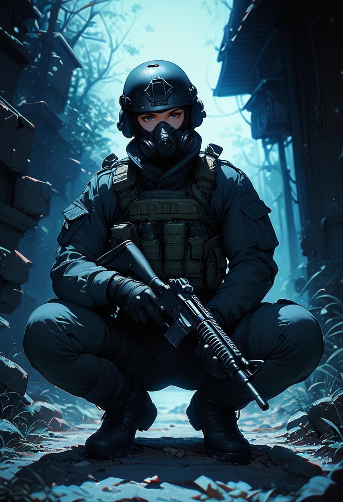 (score_9, score_8_up), score_7_up,  gloves, long sleeves, looking at viewer, outside, waving, squatting, male focus, black gloves, uniform, gun, military, mask, helmet, holding gun, pouch, dark theme, gas mask, tactical clothes, all black attire, bulletproof vest , blue lighting, retro<lora:nostalgia-000011:0.7>   <lora:warcore-000011:0.7>