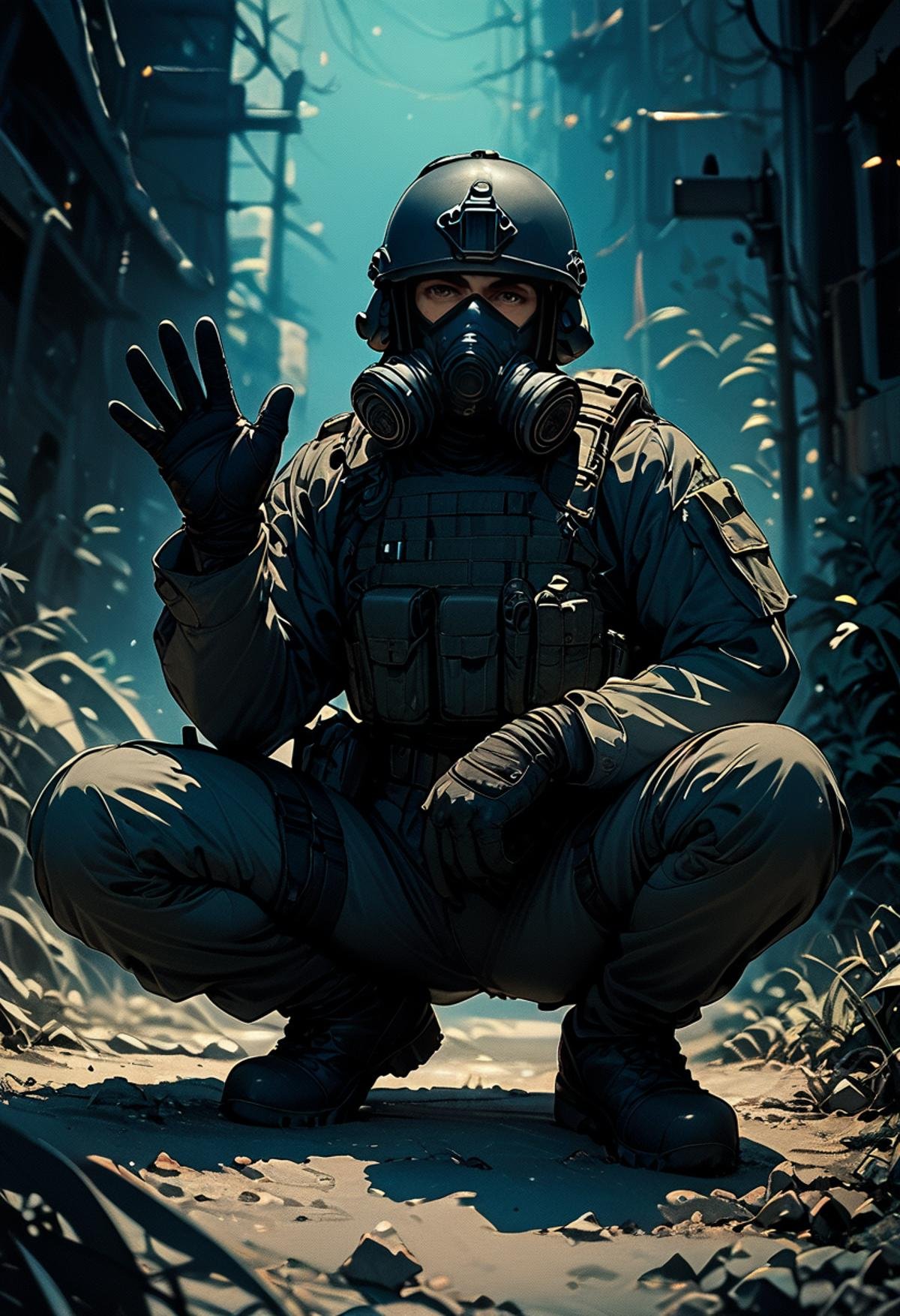 (score_9, score_8_up), score_7_up, gloves, long sleeves, looking at viewer, outside, waving, squatting, male focus, black gloves, uniform, gun, military, mask, helmet, holding gun, pouch, dark theme, gas mask, tactical clothes, all black attire, bulletproof vest , blue lighting, retro<lora:nostalgia-000011:0.8>    <lora:warcore-000013:0.8>