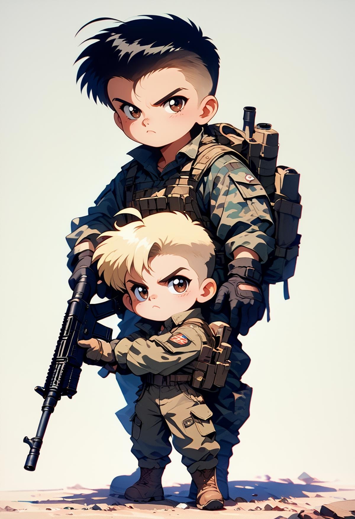 (score_9, score_8_up), score_7_up, 2boys, looking at viewer, black hair, crew cut, blonde hair, mercery, chibi, cute, simple background, brown eyes, gloves, holding, frown, black turtle neck, camouflage, black cargo pants, weapon, ahoge, boots, black gloves, elbow gloves, holding weapon, gun, shadow, holding gun, rifle, load bearing vest, retro<lora:nostalgia-000011:0.9>   <lora:warcore-000011:0.8>