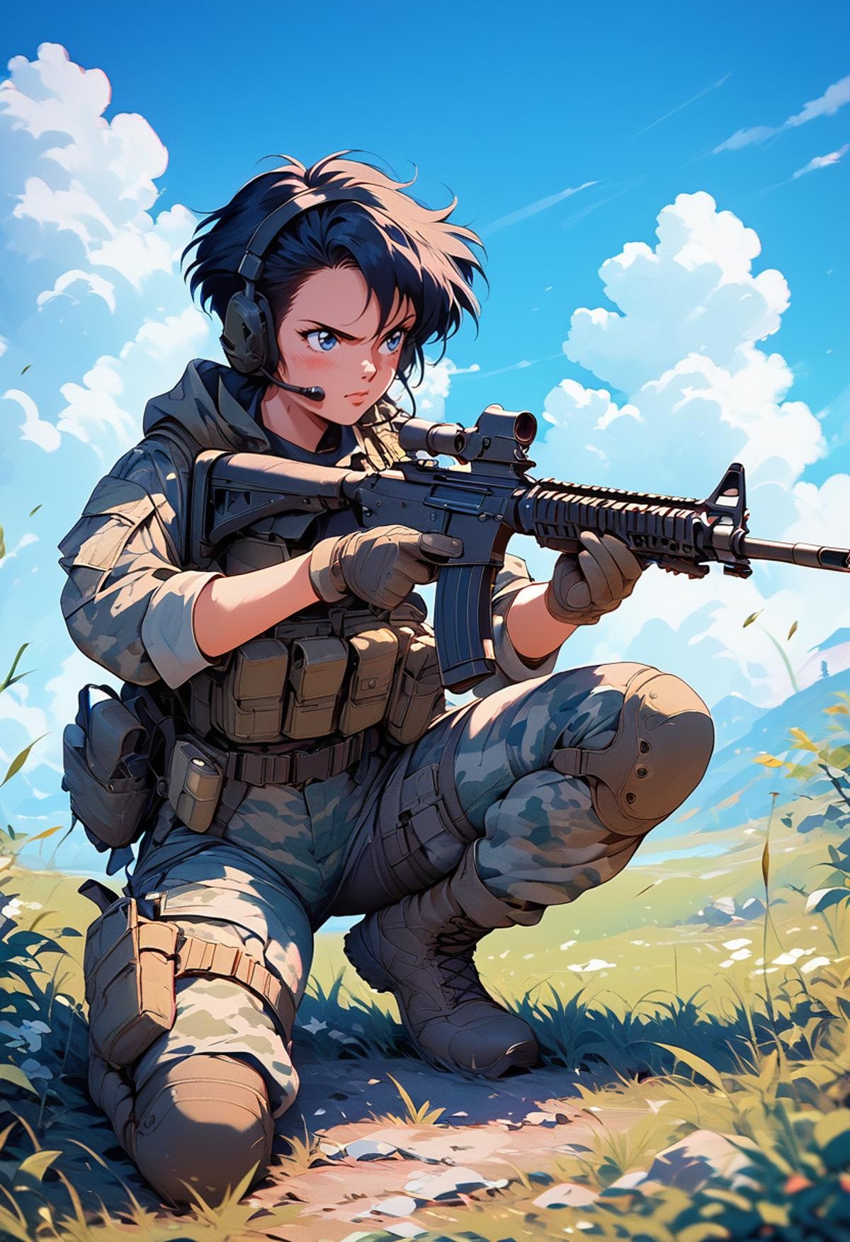 (score_9, score_8_up), score_7_up,  1girl, short hair, blue eyes, black hair, gloves, holding, weapon, boots, outdoors, sky, day, pants, cloud, holding weapon, blue sky, gun, military, grass, holding gun, rifle, headset, assault rifle, knee pads, one knee, trigger discipline, camouflage, scope, load bearing vest, retro<lora:nostalgia-000011:0.7>   <lora:warcore-000011:0.8>