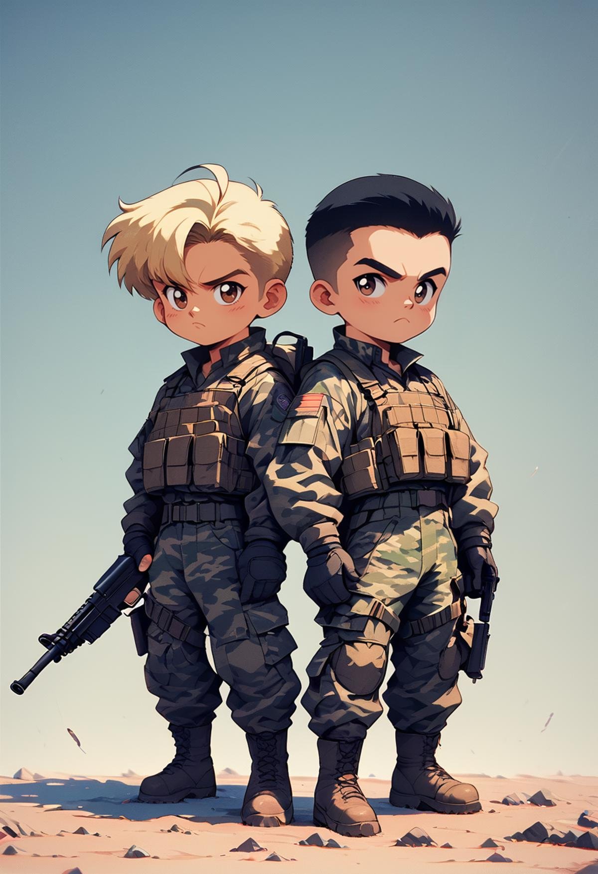 (score_9, score_8_up), score_7_up, 2boys, looking at viewer, black hair, crew cut, blonde hair, mercery, chibi, cute, simple background, brown eyes, gloves, holding, frown, black turtle neck, camouflage, black cargo pants, weapon, ahoge, boots, black gloves, elbow gloves, holding weapon, gun, shadow, holding gun, rifle, load bearing vest, retro<lora:nostalgia-000011:0.9>   <lora:warcore-000011:0.8>