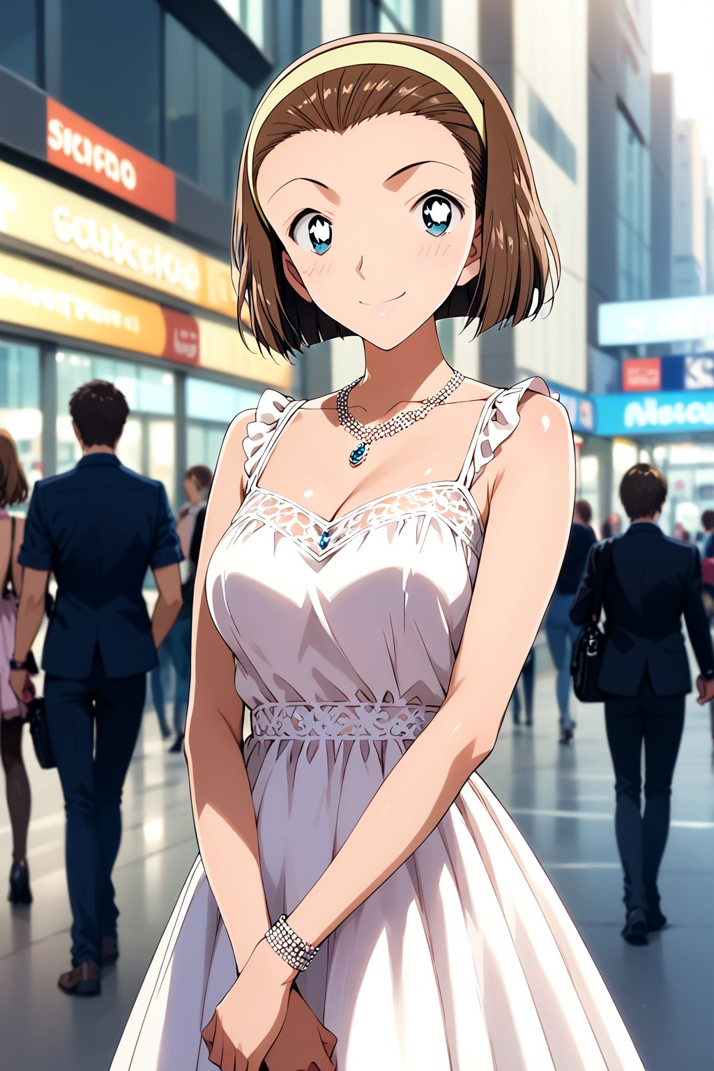 ( shy, smile)   ,  in public ,  (elegant modest  outfit  : 1.1) ,
BREAK , 
score_9, score_8_up, score_7_up, score_6, score_5, score_4, ( masterpiece , ultra Detailed  ) , 
suzuki sonoko,hairband,short hair,brown hair,short brown hair, headband,