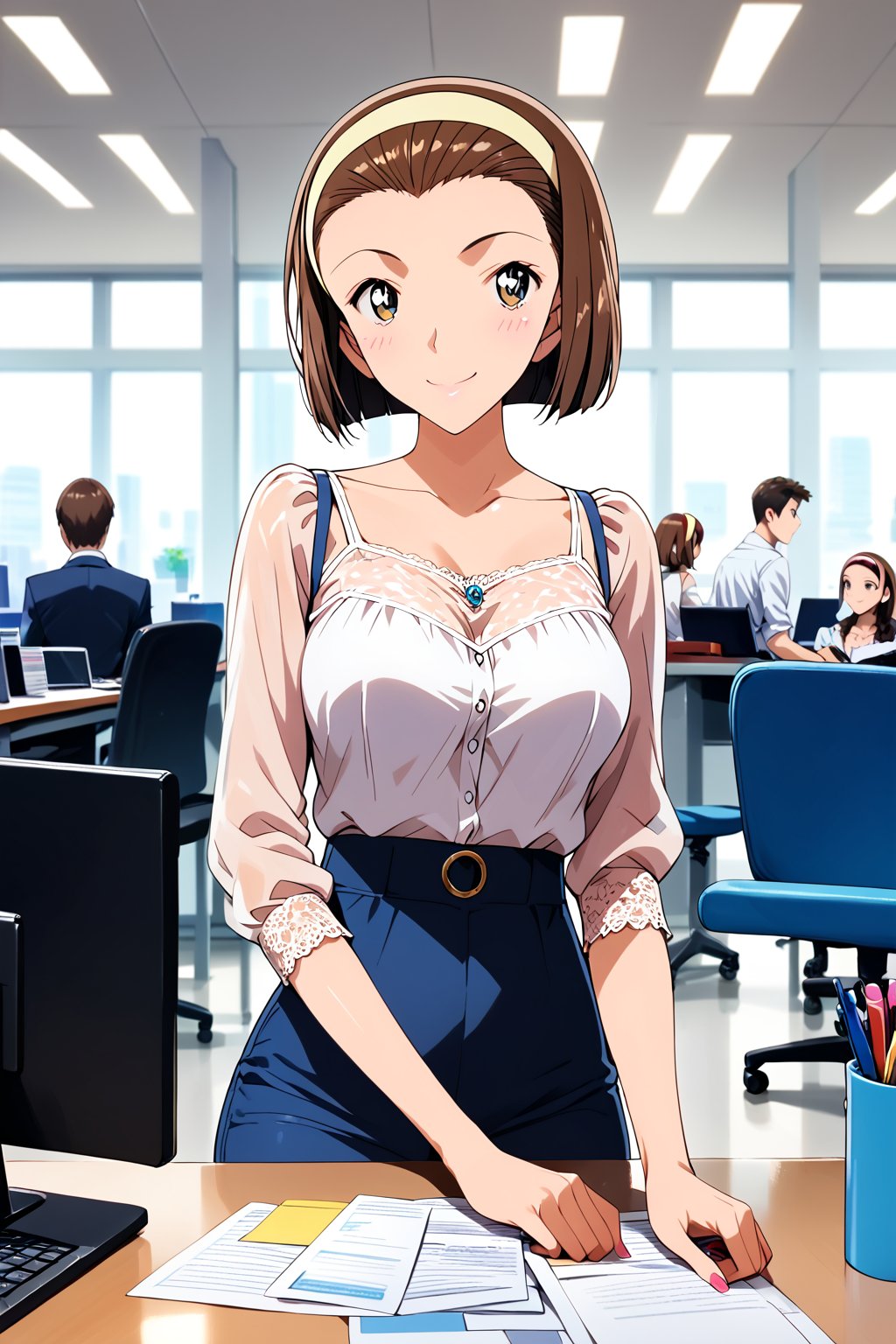 ( shy, smile)   , working , at office , beautiful office ,  in public ,  (elegant modest  outfit  : 1.1) ,
BREAK , 
score_9, score_8_up, score_7_up, score_6, score_5, score_4, ( masterpiece , ultra Detailed  ) , 
suzuki sonoko,hairband,short hair,brown hair,short brown hair, headband,