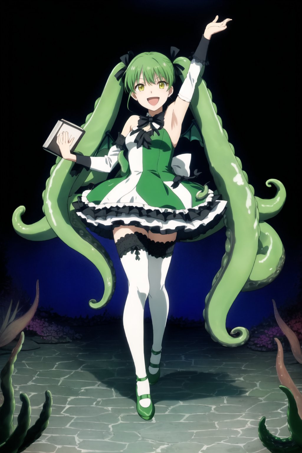 1girl, solo, tentacle hair, smile, open mouth, bangs, thighhighs, dress, bow, holding, twintails, very long hair, green eyes, standing, full body, yellow eyes, frills, detached sleeves, green hair, wings, shoes, armpits, arm up, white thighhighs, book, microphone, tentacles, bubble, green dress, underwater, leg ribbon, singing, green theme, green footwear, lots of tentacles

