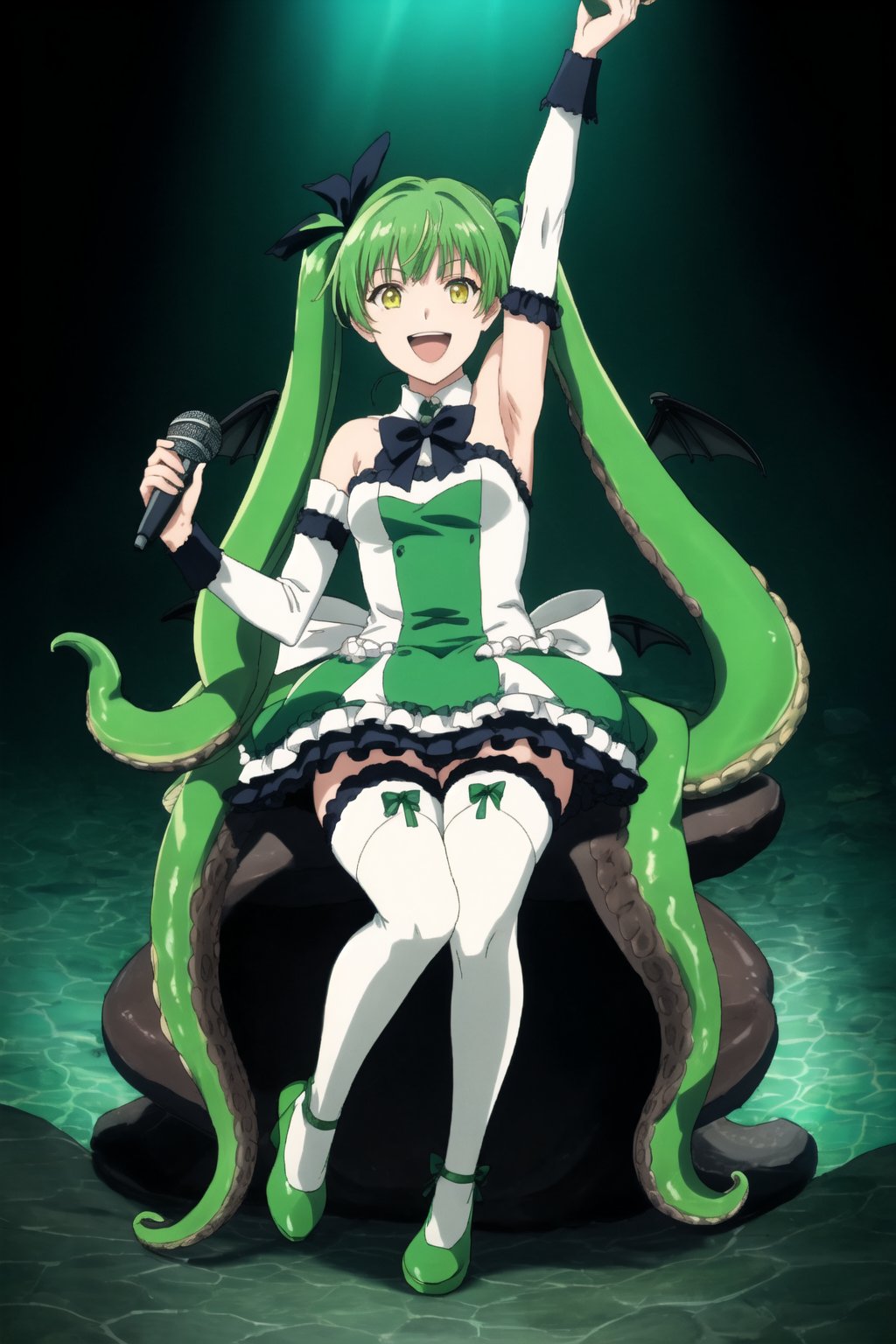 1girl, solo, tentacle hair, smile, open mouth, bangs, thighhighs, dress, bow, holding, twintails, very long hair, green eyes, sitting, full body, yellow eyes, frills, detached sleeves, green hair, wings, shoes, armpits, arm up, white thighhighs, book, microphone, tentacles, bubble, green dress, underwater, leg ribbon, singing, green theme, green footwear