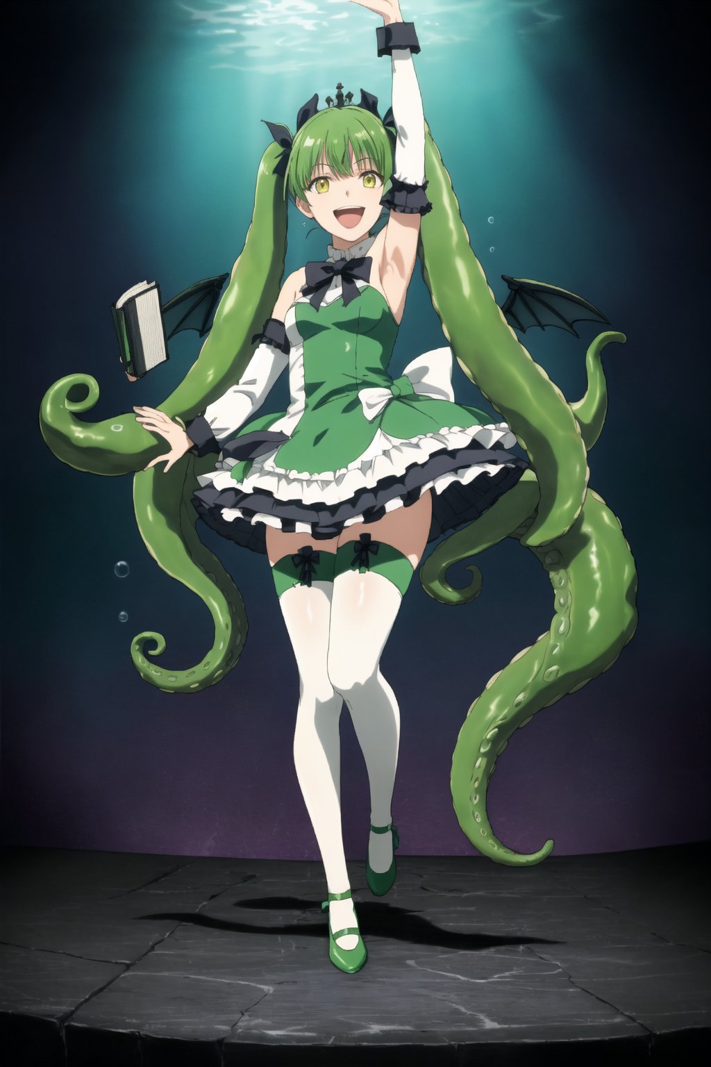 1girl, solo, tentacle hair, smile, open mouth, bangs, thighhighs, dress, bow, holding, twintails, very long hair, green eyes, standing, full body, yellow eyes, frills, detached sleeves, green hair, wings, shoes, armpits, arm up, white thighhighs, book, microphone, tentacles, bubble, green dress, underwater, leg ribbon, singing, green theme, green footwear