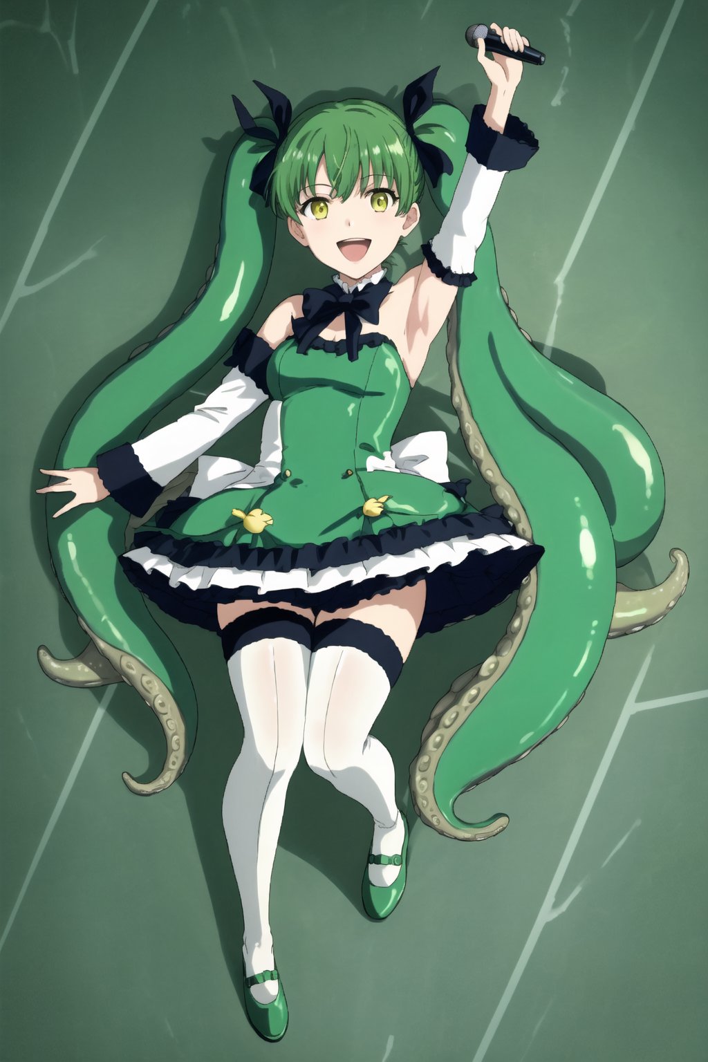 1girl, solo, tentacle hair, smile, open mouth, bangs, thighhighs, dress, bow, holding, twintails, very long hair, green eyes, lying down, full body, yellow eyes, frills, detached sleeves, green hair, wings, shoes, armpits, arm up, white thighhighs, book, microphone, tentacles, bubble, green dress, underwater, leg ribbon, singing, green theme, green footwear