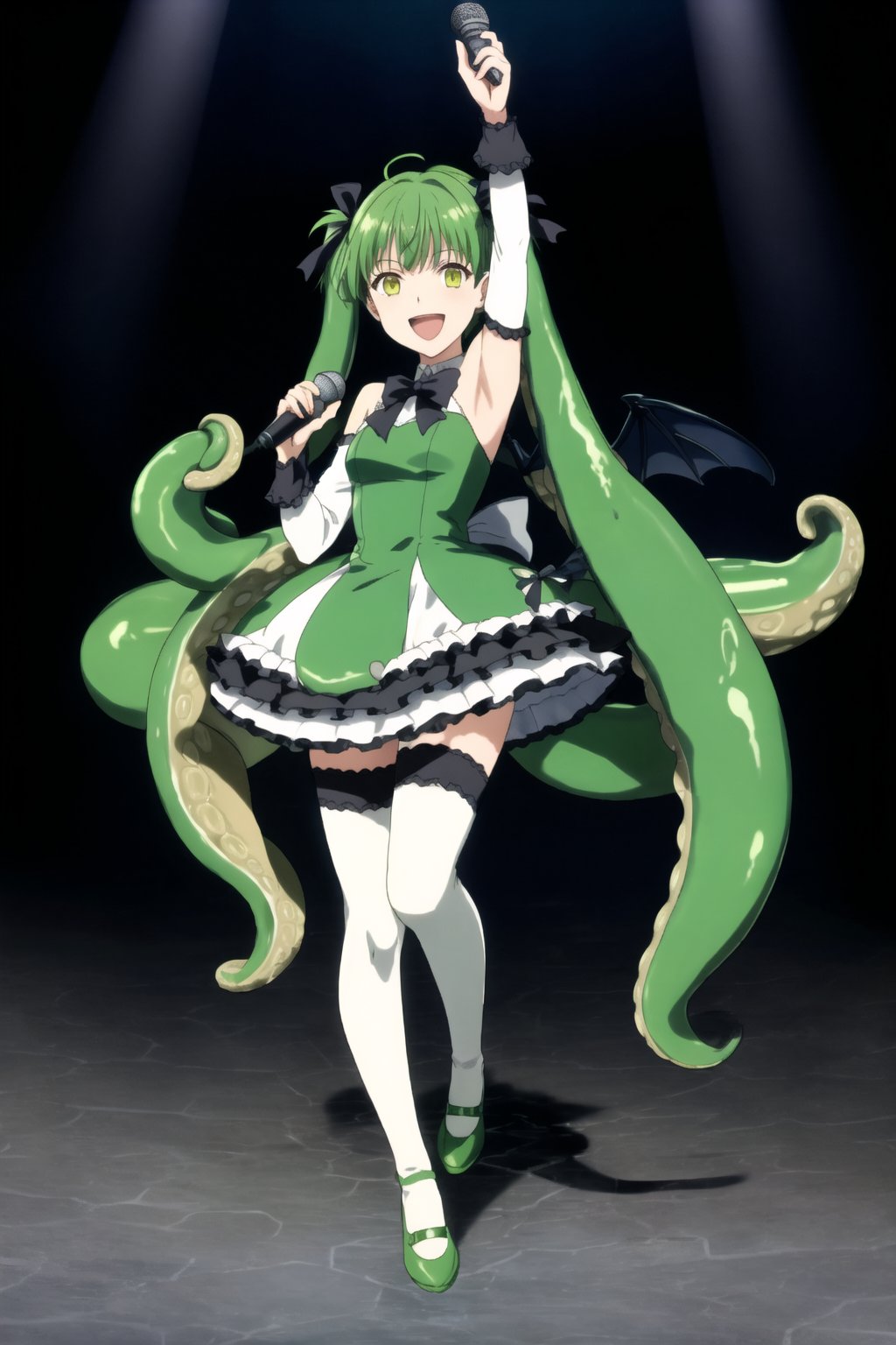 1girl, solo, tentacle hair, smile, open mouth, bangs, thighhighs, dress, bow, holding, twintails, very long hair, green eyes, standing, full body, yellow eyes, frills, detached sleeves, green hair, wings, shoes, armpits, arm up, white thighhighs, book, microphone, tentacles, bubble, green dress, underwater, leg ribbon, singing, green theme, green footwear