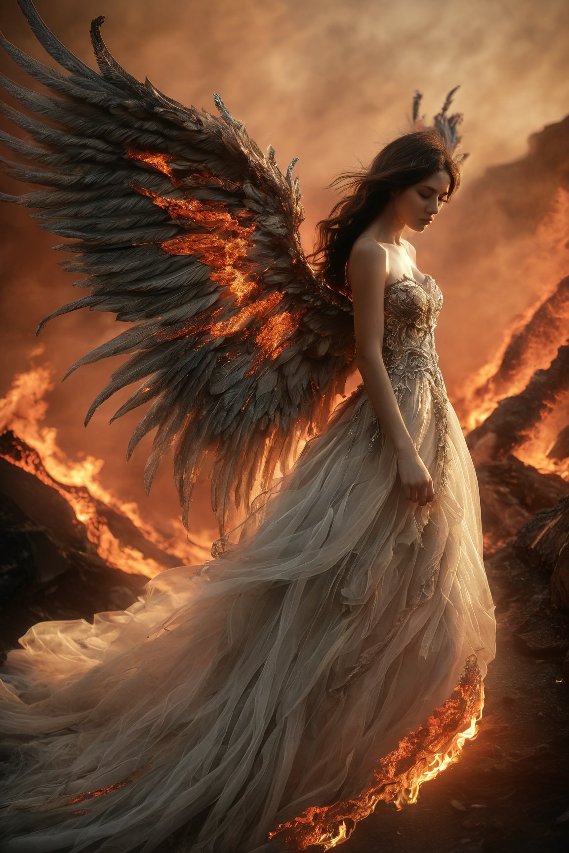 A woman with large, intricately designed wings, crafted from crackling flames and wispy smoke, stands defiantly amidst a scorched earthscape. Her flowing, ethereal gown billows around her as she perches atop rocky terrain, the fiery landscape's infernal glow casting an apocalyptic ambiance. The burning material of her wings, now freed from their fiery prison, seem to defy the blazing background, creating a striking juxtaposition of contrasts.