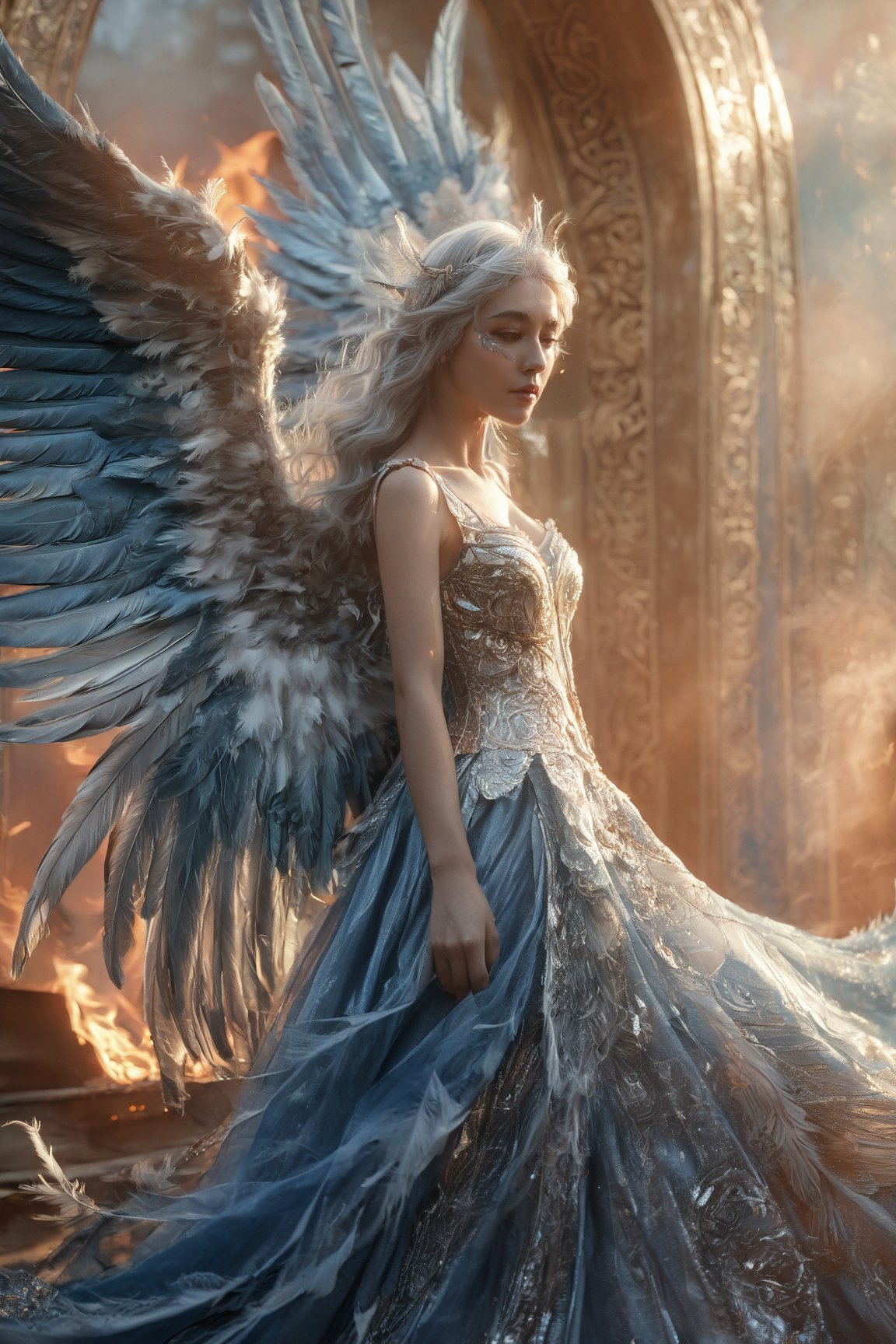 A majestic female figure with silver hair, adorned with a pair of large, feathered wings. She wears a shimmering blue dress with intricate silver patterns. Above her head, there's a circular halo with a golden flame at its center. The background is ethereal, with a blend of cool and warm tones, suggesting a celestial or otherworldly setting.