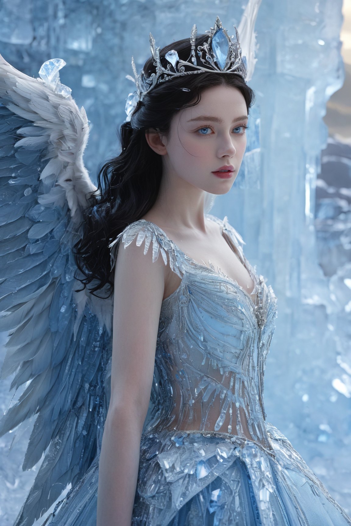 A female character with striking features. She has pale skin, deep blue eyes, and dark hair adorned with a crown. She wears a dark, intricately designed dress with blue gemstones embedded in it. Behind her, there's a majestic backdrop of a crystalline structure, possibly an ice palace, with shards of ice and blue glowing elements. Her wings, which are translucent and blue, seem to be made of ice, giving her an ethereal and otherworldly appearance.