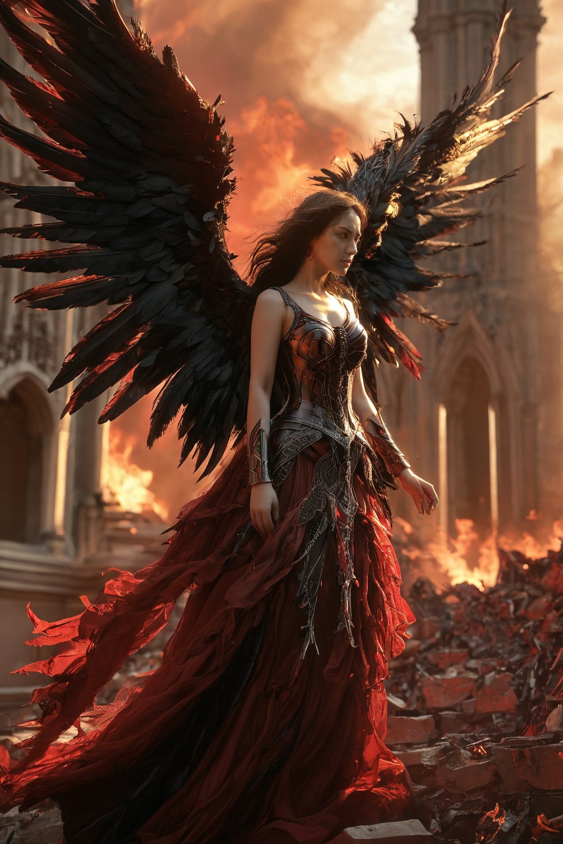 A formidable female figure, possibly an angel or a warrior, standing in a grand, cathedral-like structure. She is adorned in intricate armor with red and black hues, and her wings are expansive, resembling those of a raven or crow. In her hand, she holds a flaming torch, and her surroundings are filled with debris, suggesting a recent battle or catastrophe. The architecture behind her is Gothic, with tall pillars and arches, and there are other winged creatures, possibly her allies, in the background.