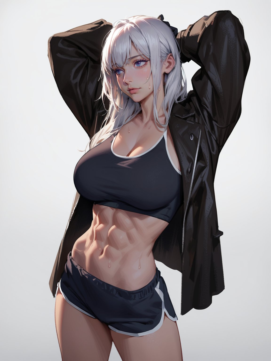 1girl, masterpiece, white background, simple background, upper body, standing, white hair, long hair, bangs, cool girl, big breasts, expressionless, blue eyes, abs, black sport bra, black dolphin shorts, sweat, black coat, black gloves, smile
