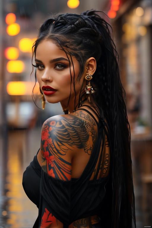 <lora:BellissimaSD1.0:1>1girl,solo,long hair,breasts,looking at viewer,shirt,black hair,cleavage,jewelry,medium breasts,upper body,ponytail,multicolored hair,earrings,parted lips,teeth,dark skin,necklace,blurry,dark-skinned female,lips,tattoo,makeup,blurry background,piercing,suspenders,tank top,ear piercing,eyeshadow,rain,realistic,nose,arm tattoo,shoulder tattoo,facial tattoo,dreadlocks