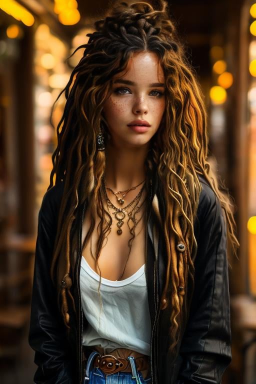 <lora:BellissimaSD1.0:1>1girl, bellissima, breasts, cleavage, depth of field, dreadlocks, freckles, jacket, long hair, long sleeves, looking at viewer, necklace, parted lips, portrait, realistic, shirt, solo focus, t-shirt, wavy hair, seductive look, half body shot,by Ellen von Unwerth