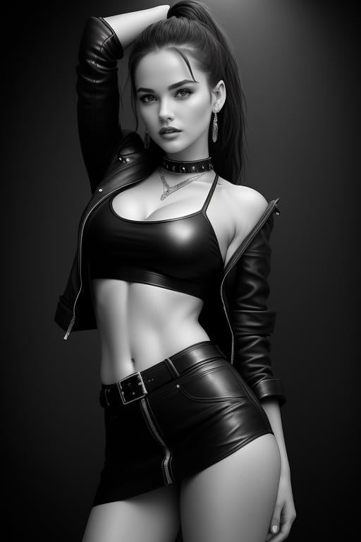 (masterpiece,best quality:1.2), high detailed,realistic, <lora:BellissimaMerged:1>(masterpiece, best quality:1.2), midshot,1girl, solo, ponytail, navel, black top, leather jacket, miniskirt, jewels, bellissima,by Ellen von Unwerth, monocrome, b&w raw photo,, bathed in dramatic studio lighting, dark theme