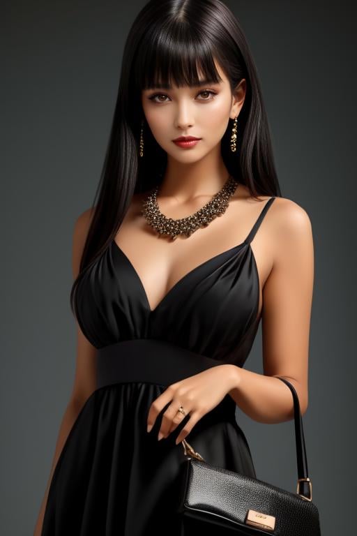 <lora:Armani_3:0.7> <lora:CuteSD:1> bellissima, 1girl, solo , black dress Armani style, dark background, jewelry, ring, handbag, short black hair, parted bangs, fashion, makeup