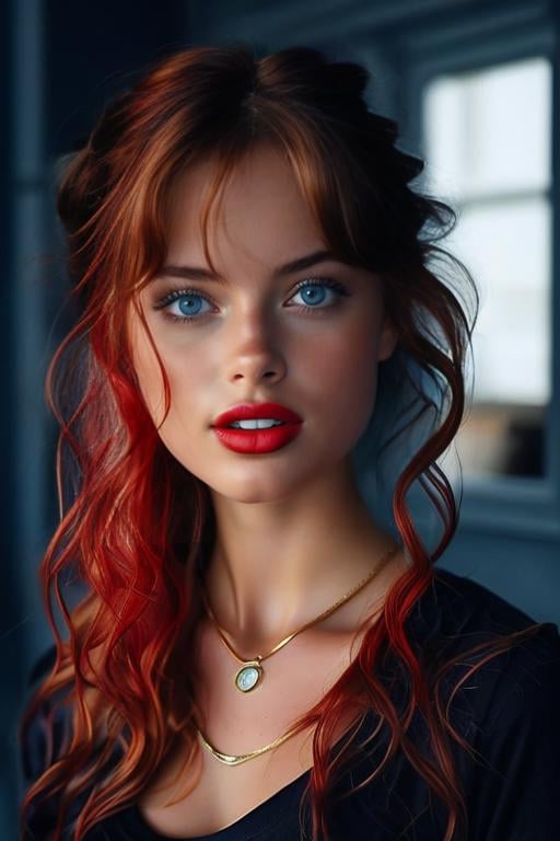 <lora:Bellissima_v2.0-000008:1>bellissima 1girl, solo,  ,1girl, bangs, black background, blue eyes, blurry, braid, brown eyes, cleavage, closed mouth, dark-skinned female, green eyes, lips, long hair, looking at viewer, multicolored hair, necklace, parted lips, realistic, red lips, shirt, smile, solo, teeth,Chignon,Coal mine,Kodak UltraMax 400,Dramatic spotlight