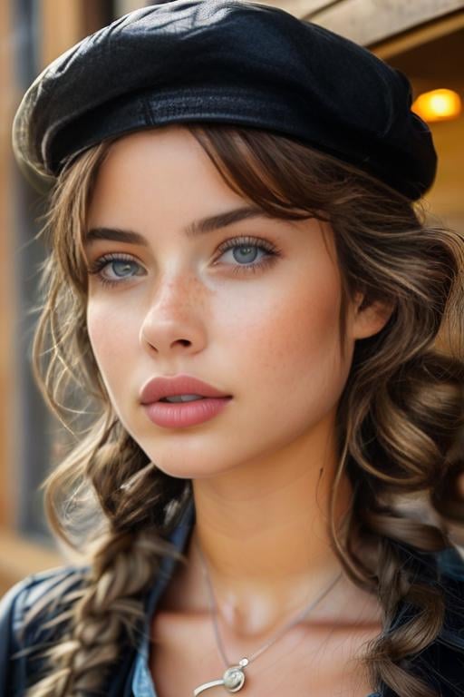 <lora:Bellissima_v2.0-000008:1>bellissima 1girl, solo,  ,1girl, beret, blue eyes, blurry, braid, brown eyes, cleavage, eyelashes, freckles, grey background, jewelry, leather, lips, long hair, looking at viewer, nose, realistic, shirt, short hair, solo,Liquid Hair,Treehouse,Sony A7,Warm lighting