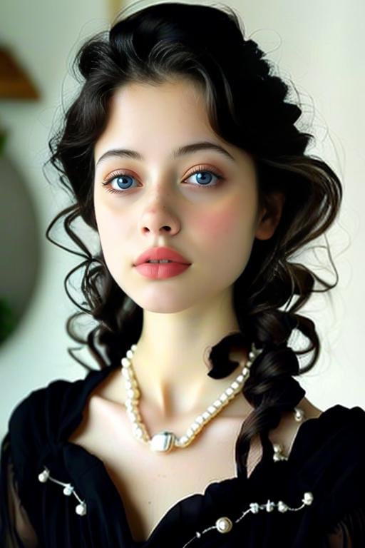 (masterpiece,best quality:1.2), high detailed,realistic,<lora:Bellissima_v2.0-000008:1>bellissima 1girl, solo, looking at viewer, blue eyes, simple background, brown hair, black hair, dress, jewelry, parted lips, teeth, grey background, necklace, mole, black dress, lips, portrait, realistic, pearl necklace, mole on neck