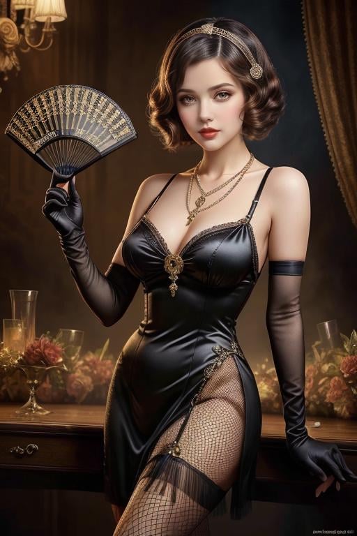 (masterpiece,best quality:1.2), high detailed,realistic,<lora:Charleston:1> xcharleston style, 1girl, solo, brown hair, gloves, dress, holding, brown eyes, jewelry, black gloves, elbow gloves, necklace, fishnets, hand fan, realistic, folding fan