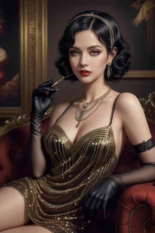 (masterpiece,best quality:1.2), high detailed,realistic,<lora:Charleston:1> xcharleston style, 1girl, solo, black hair, hair ornament, gloves, dress, jewelry, earrings, elbow gloves, necklace, makeup, lipstick, realistic