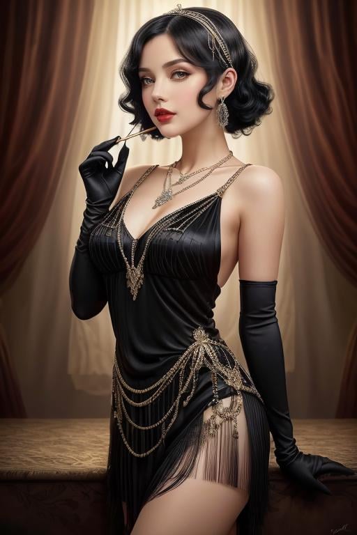 (masterpiece,best quality:1.2), high detailed,realistic,<lora:Charleston:1> xcharleston style, 1girl, solo, black hair, hair ornament, gloves, dress, jewelry, earrings, elbow gloves, necklace, makeup, lipstick, realistic